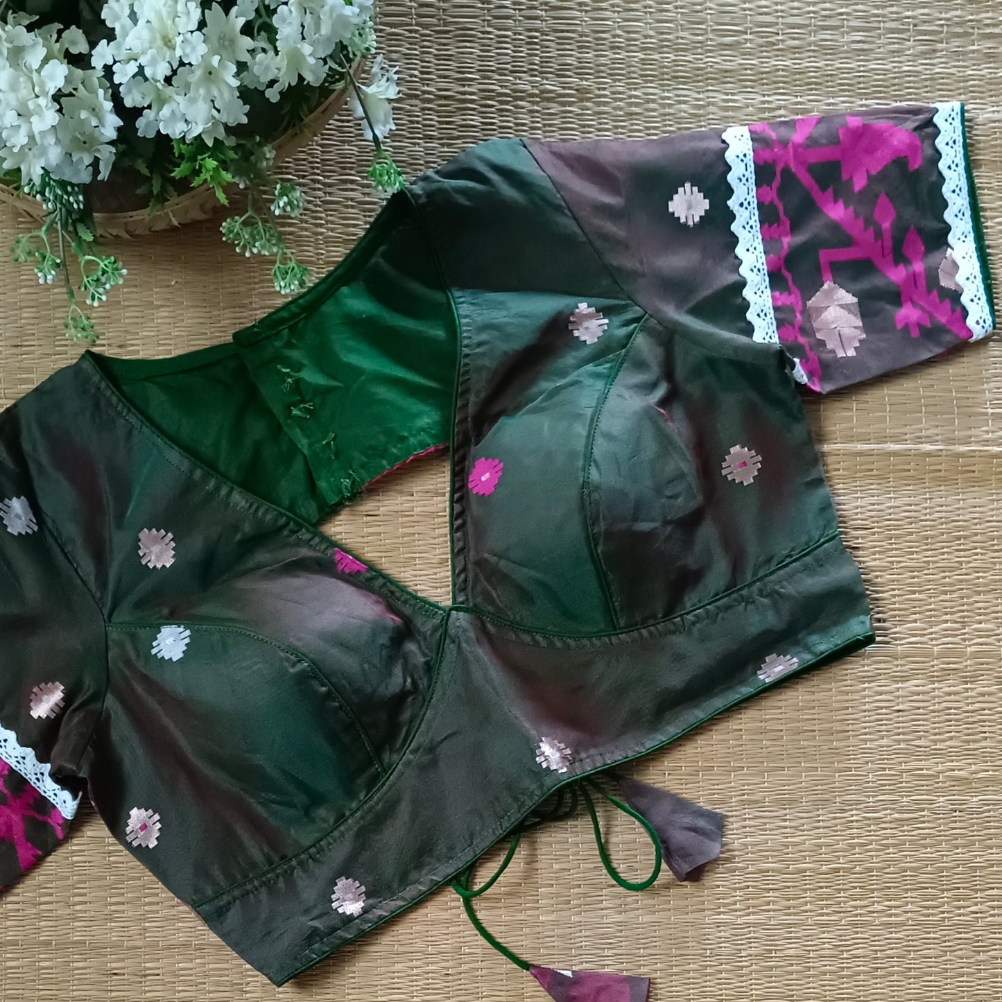 Green Dual Shade Jamdani Backless Blouse