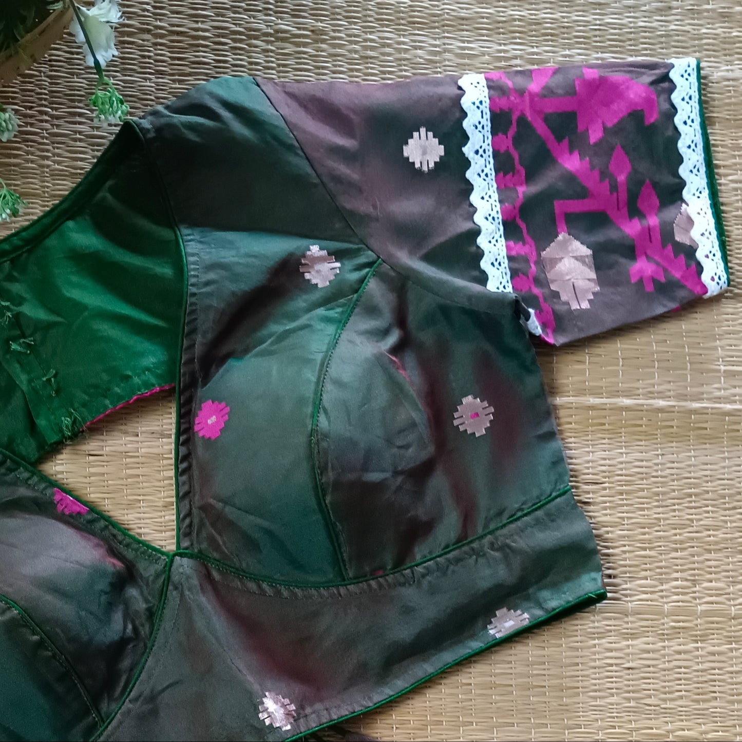 Green Dual Shade Jamdani Backless Blouse