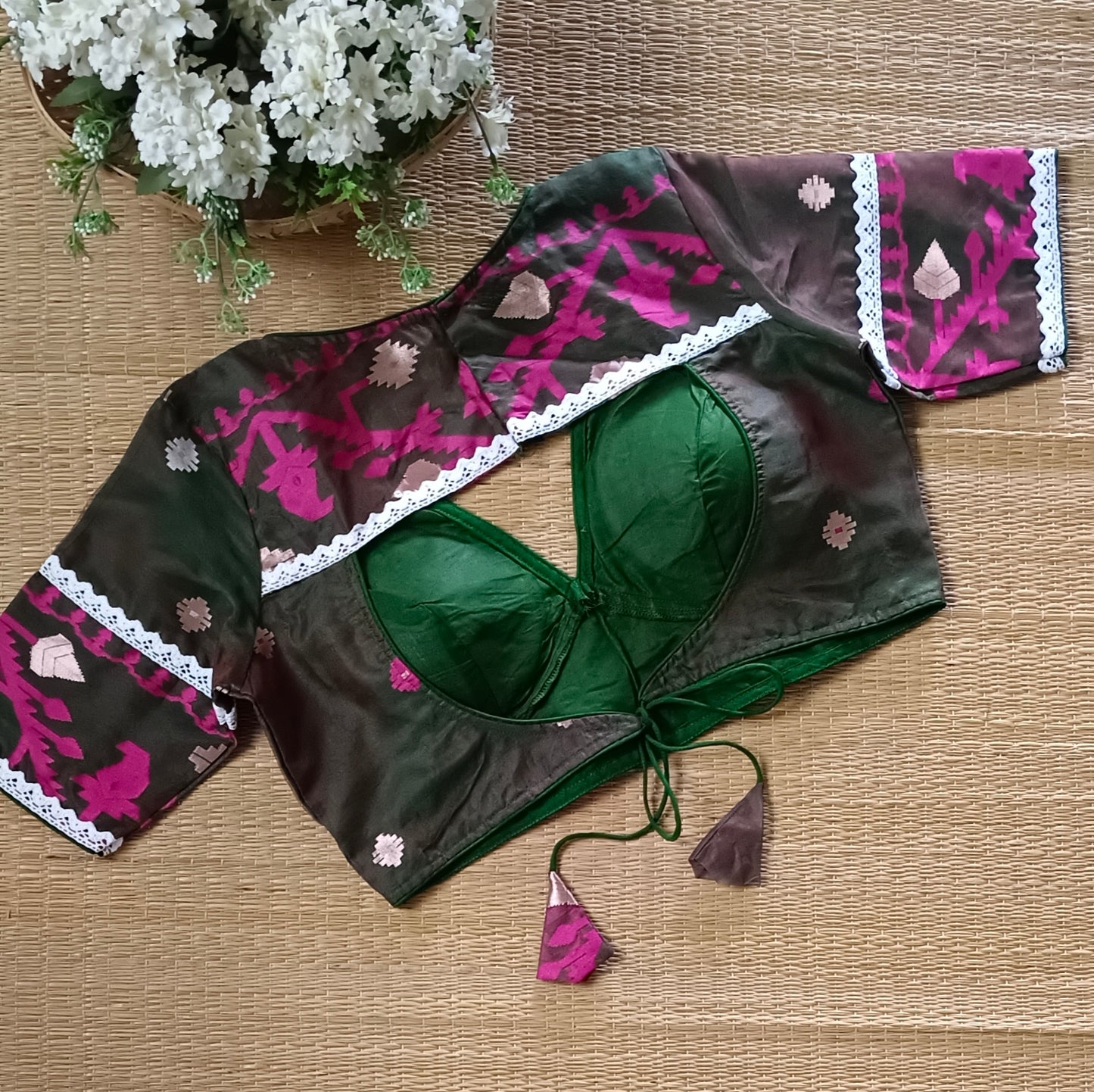 Green Dual Shade Jamdani Backless Blouse