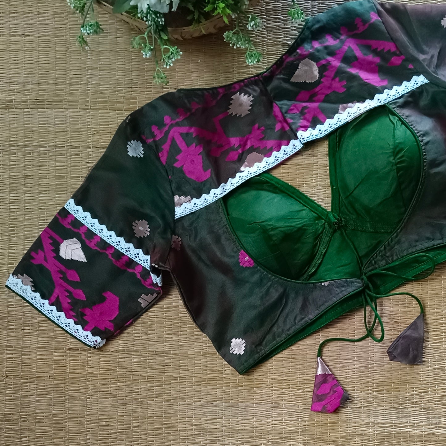 Green Dual Shade Jamdani Backless Blouse