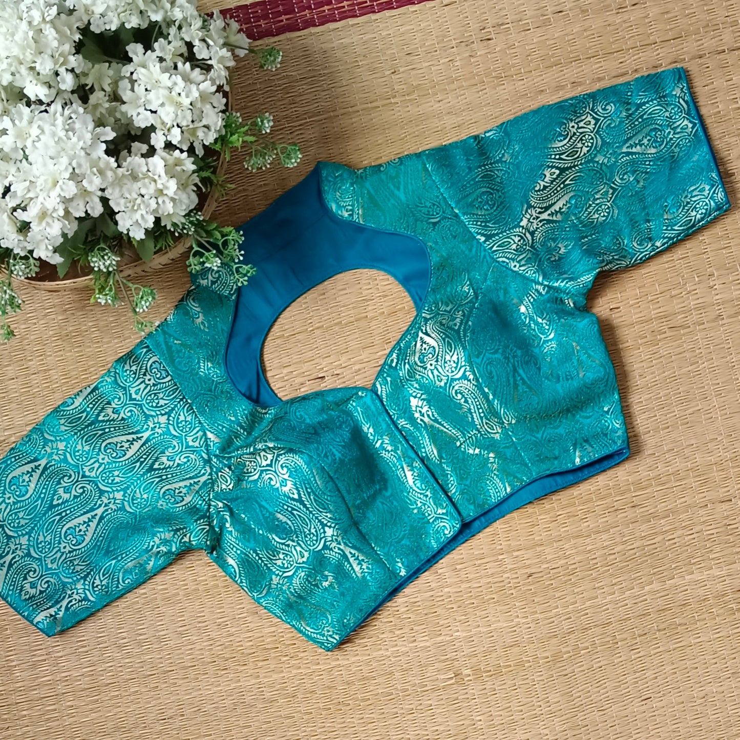 Rama Blue High Neck Brocade Blouse
