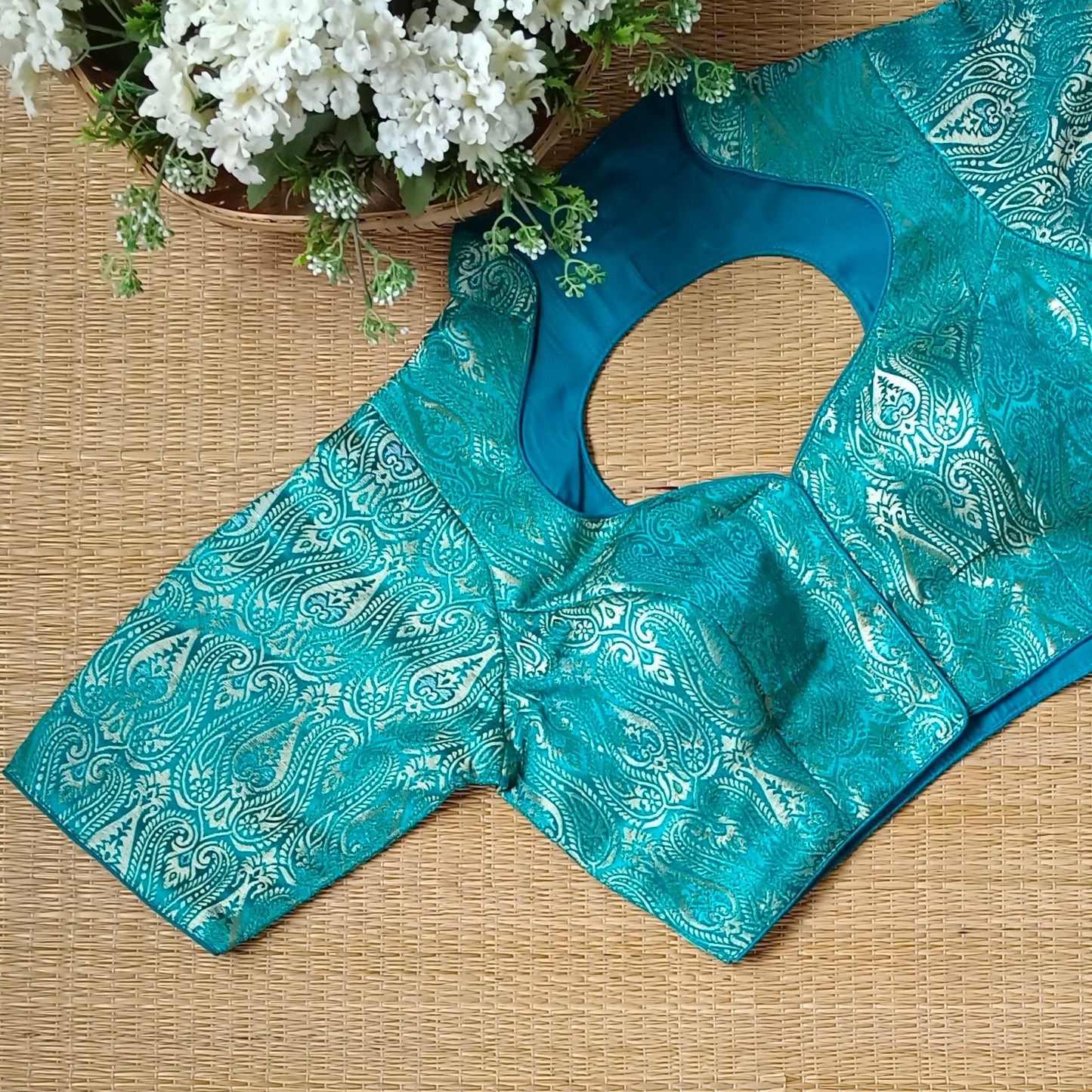 Rama Blue High Neck Brocade Blouse