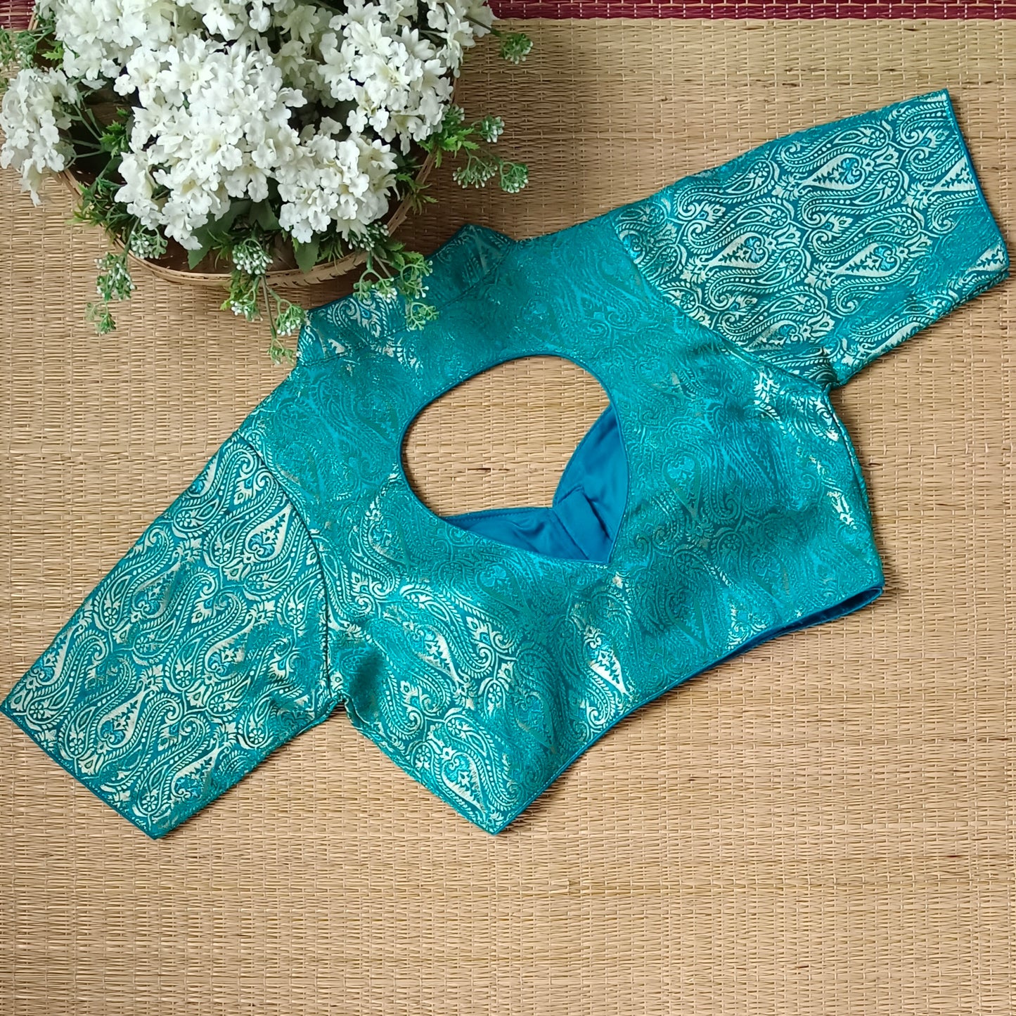 Rama Blue High Neck Brocade Blouse