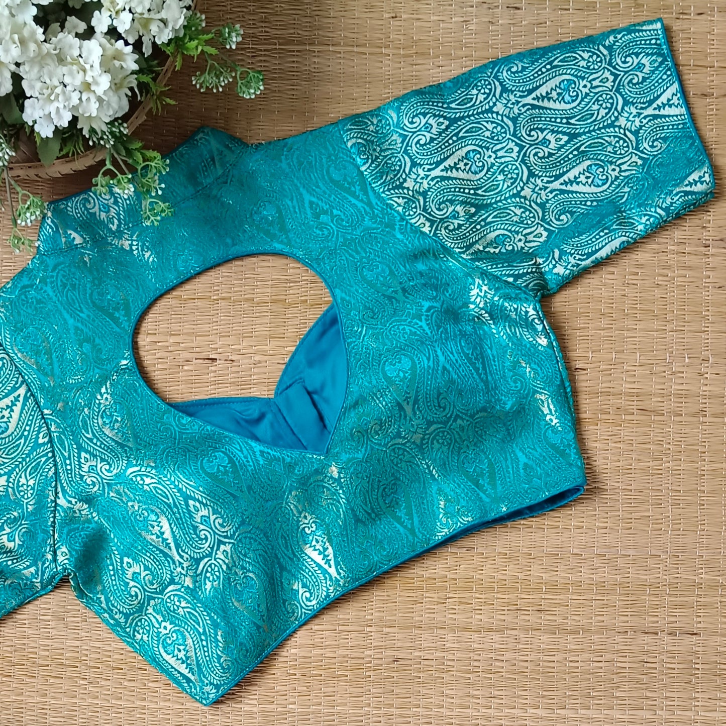 Rama Blue High Neck Brocade Blouse