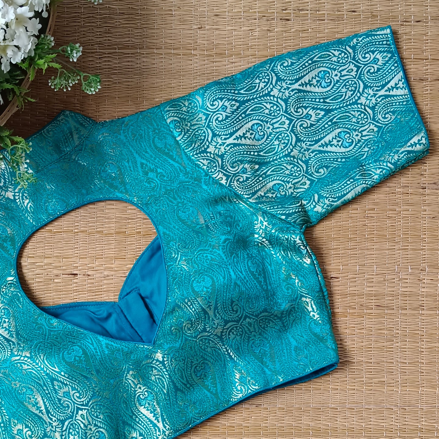 Rama Blue High Neck Brocade Blouse