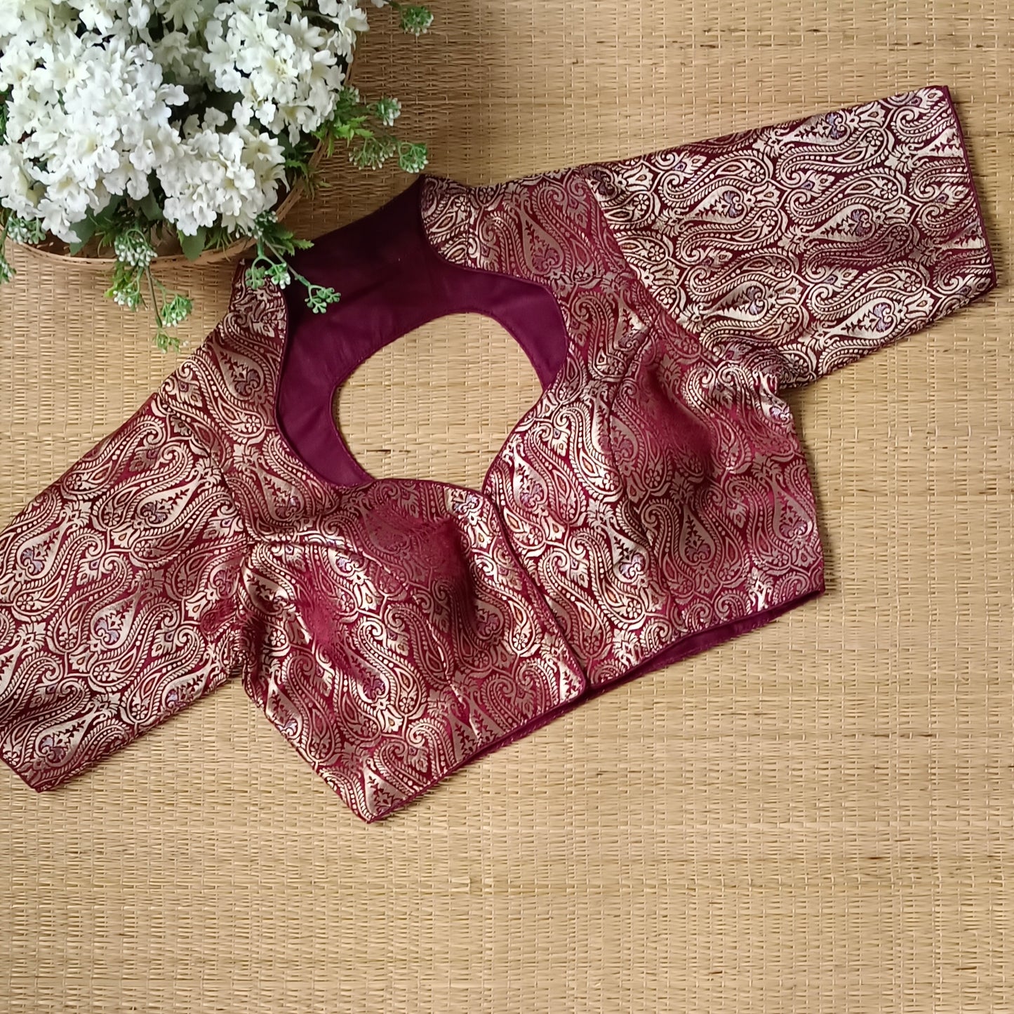 Brown High Neck Brocade Blouse