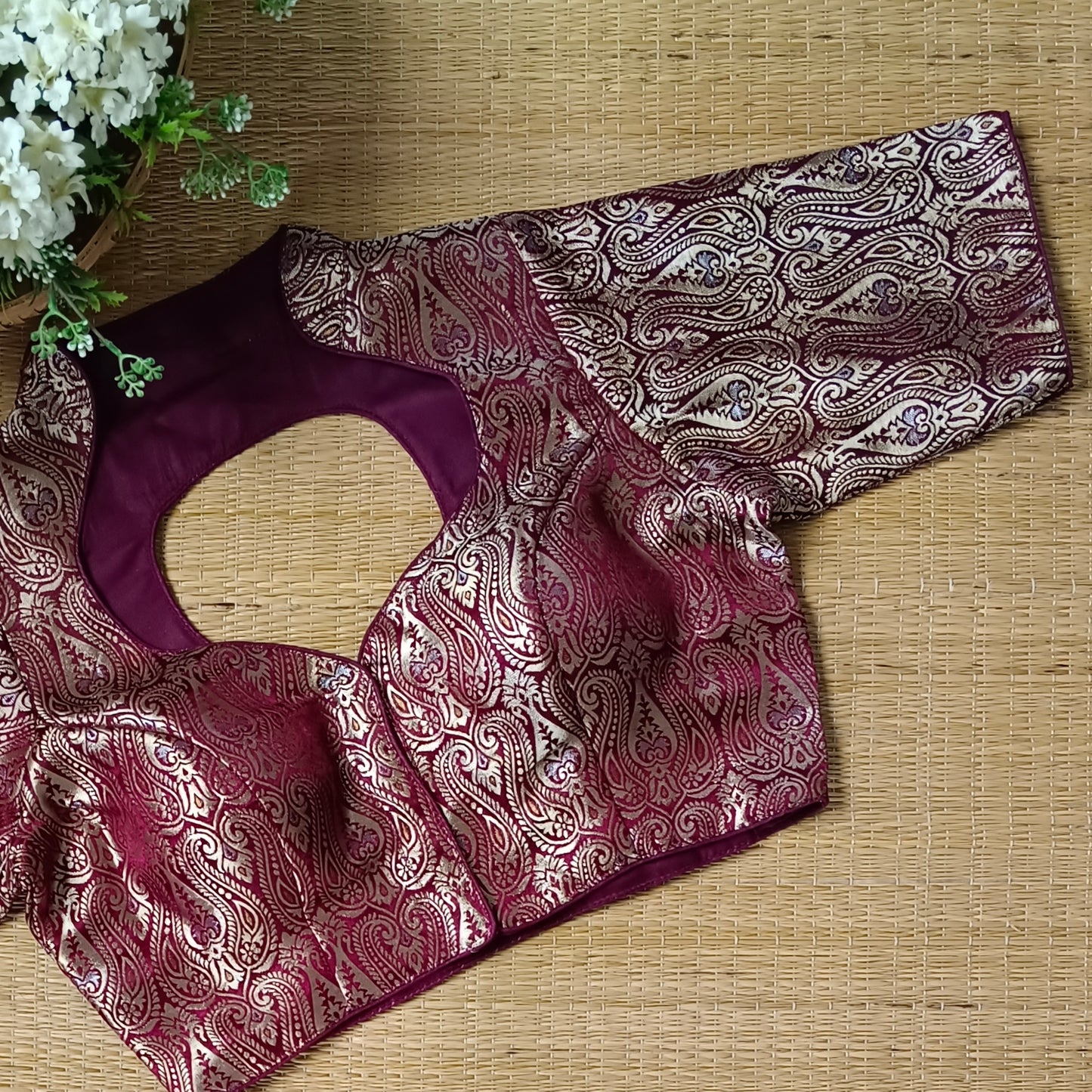 Brown High Neck Brocade Blouse