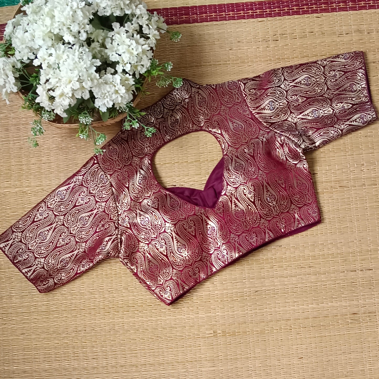 Brown High Neck Brocade Blouse