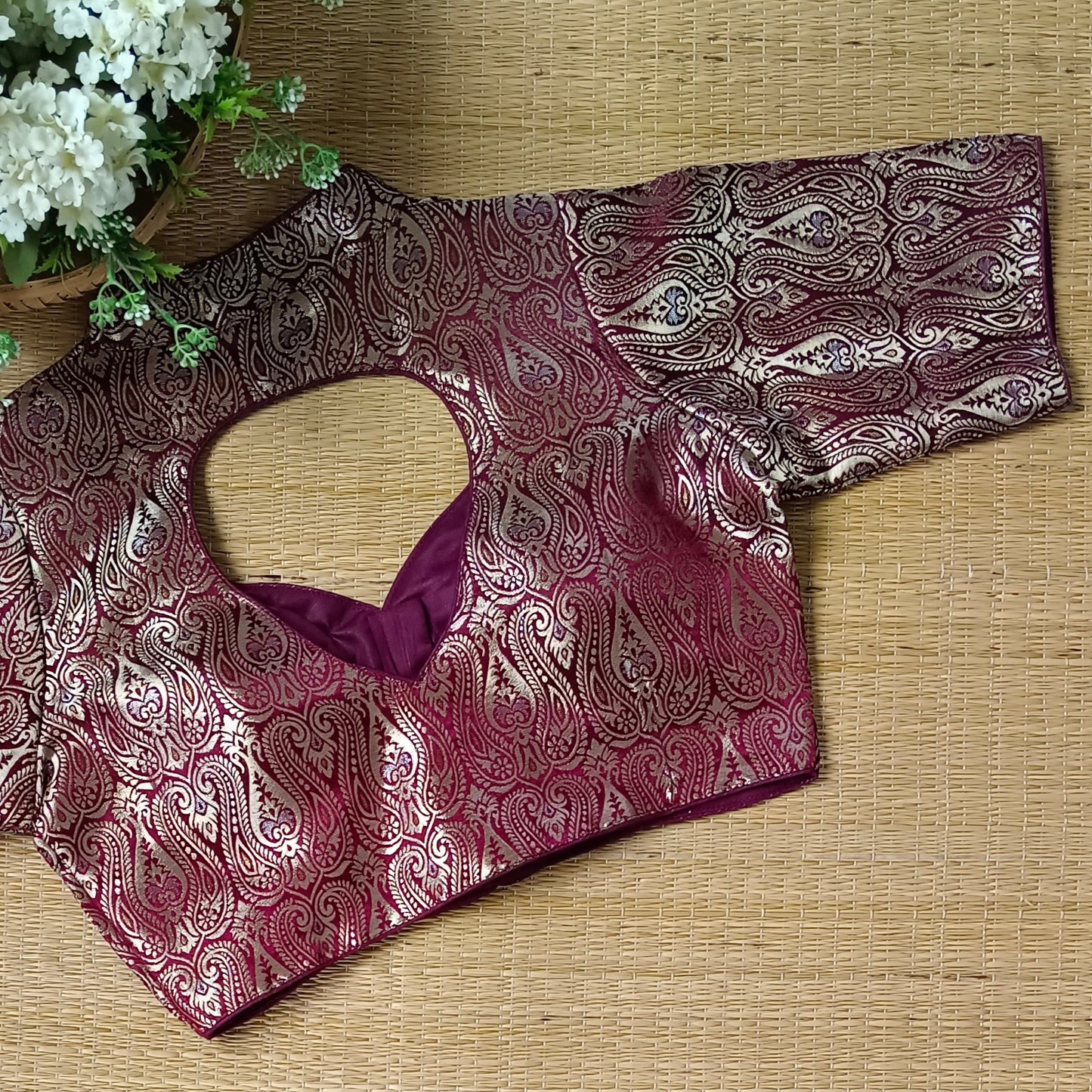 Brown High Neck Brocade Blouse