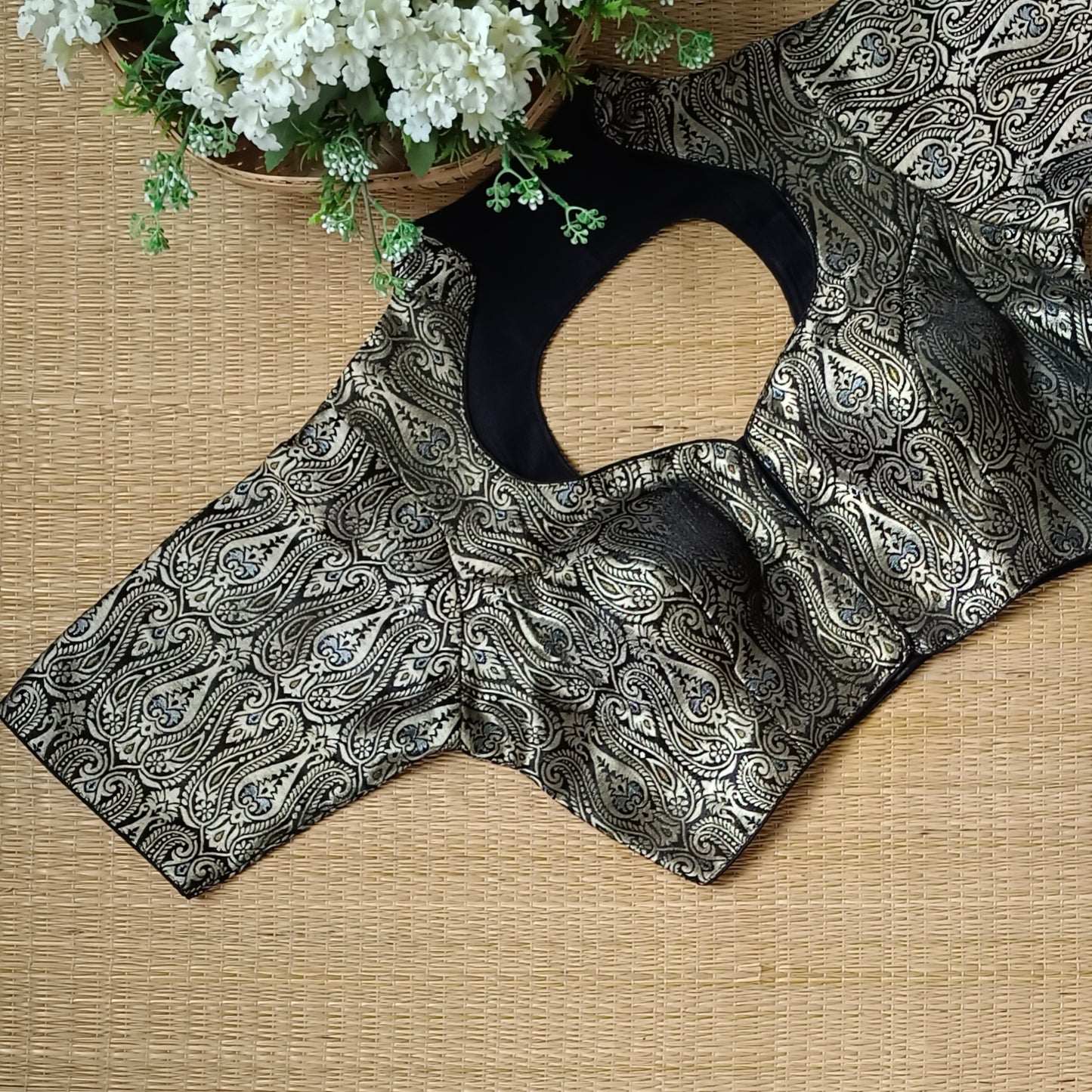 Black High Neck Brocade Blouse