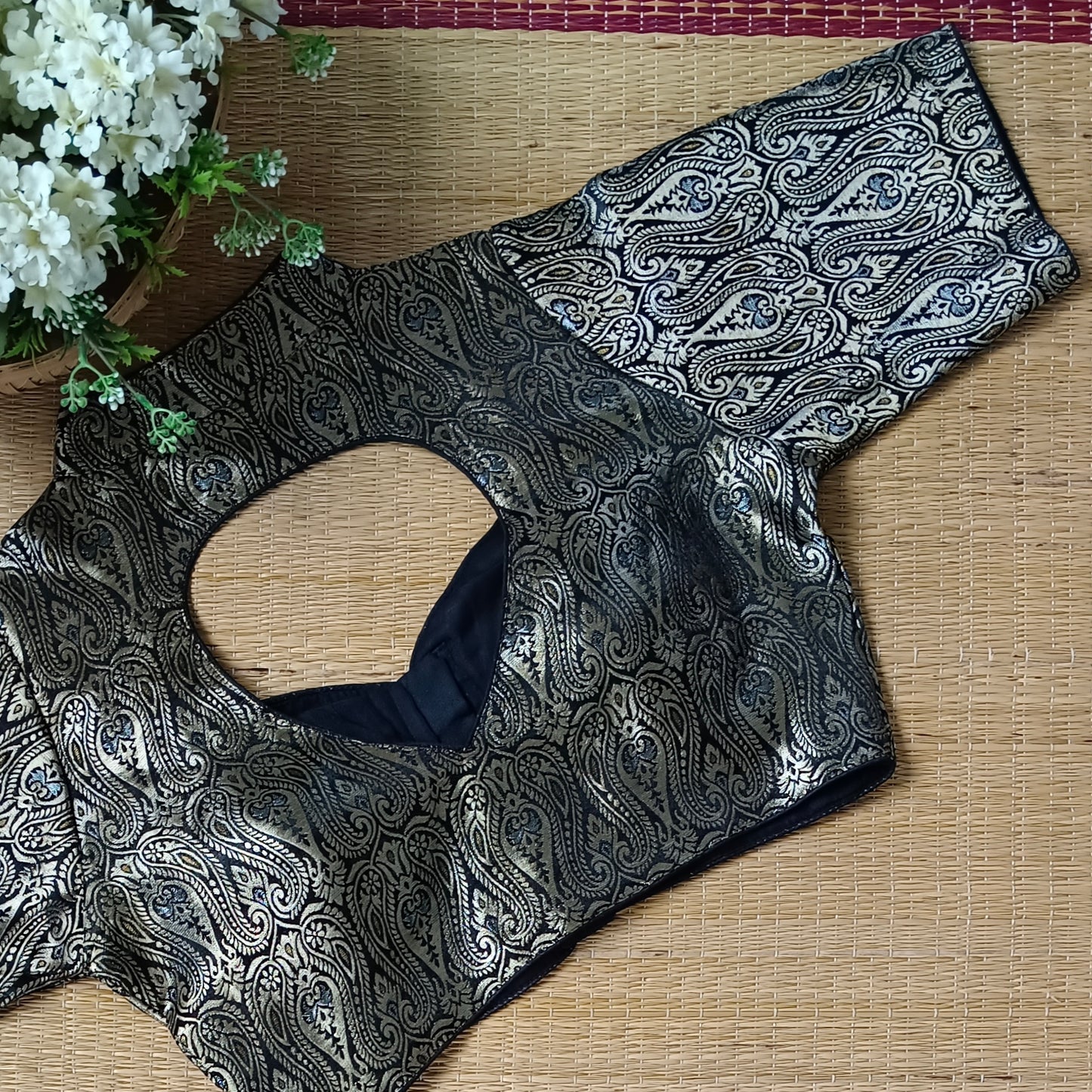 Black High Neck Brocade Blouse