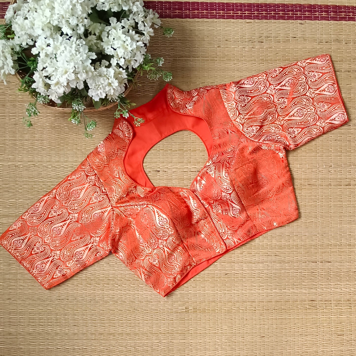 Rustic Orange High Neck Brocade Blouse
