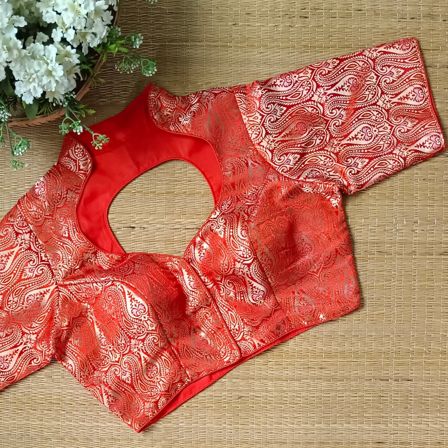 Rustic Orange High Neck Brocade Blouse