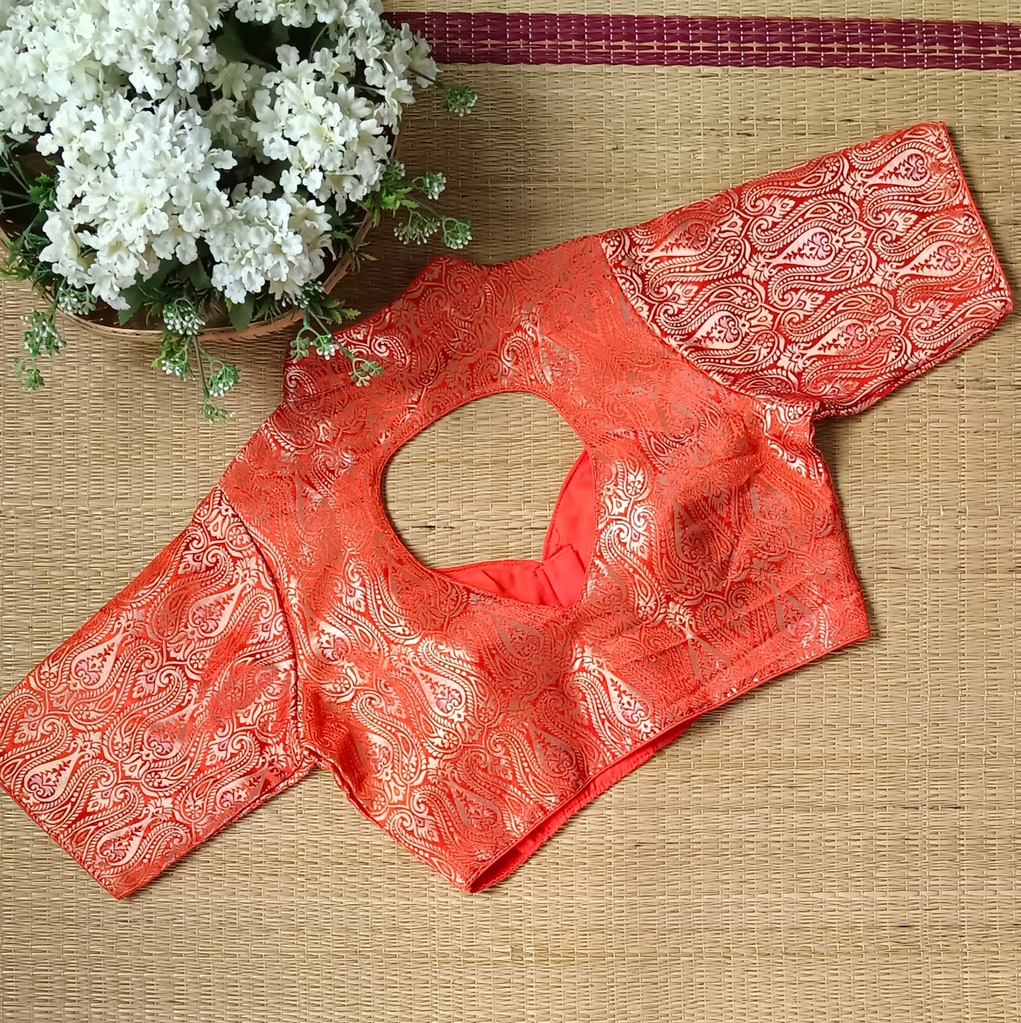 Rustic Orange High Neck Brocade Blouse