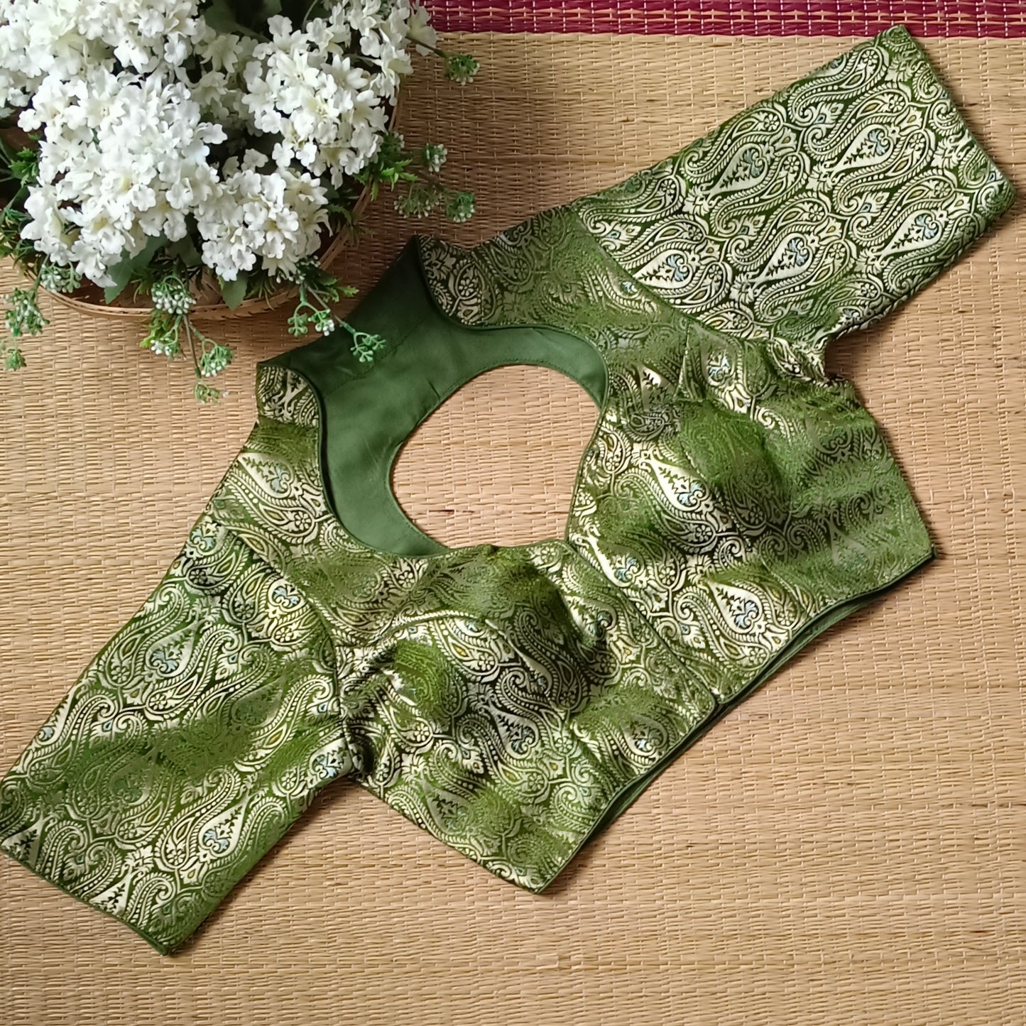 Olive Green High Neck Brocade Blouse