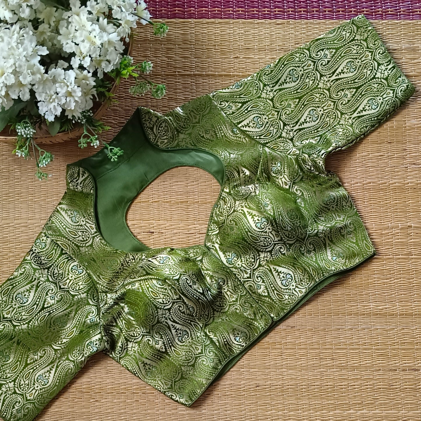 Olive Green High Neck Brocade Blouse