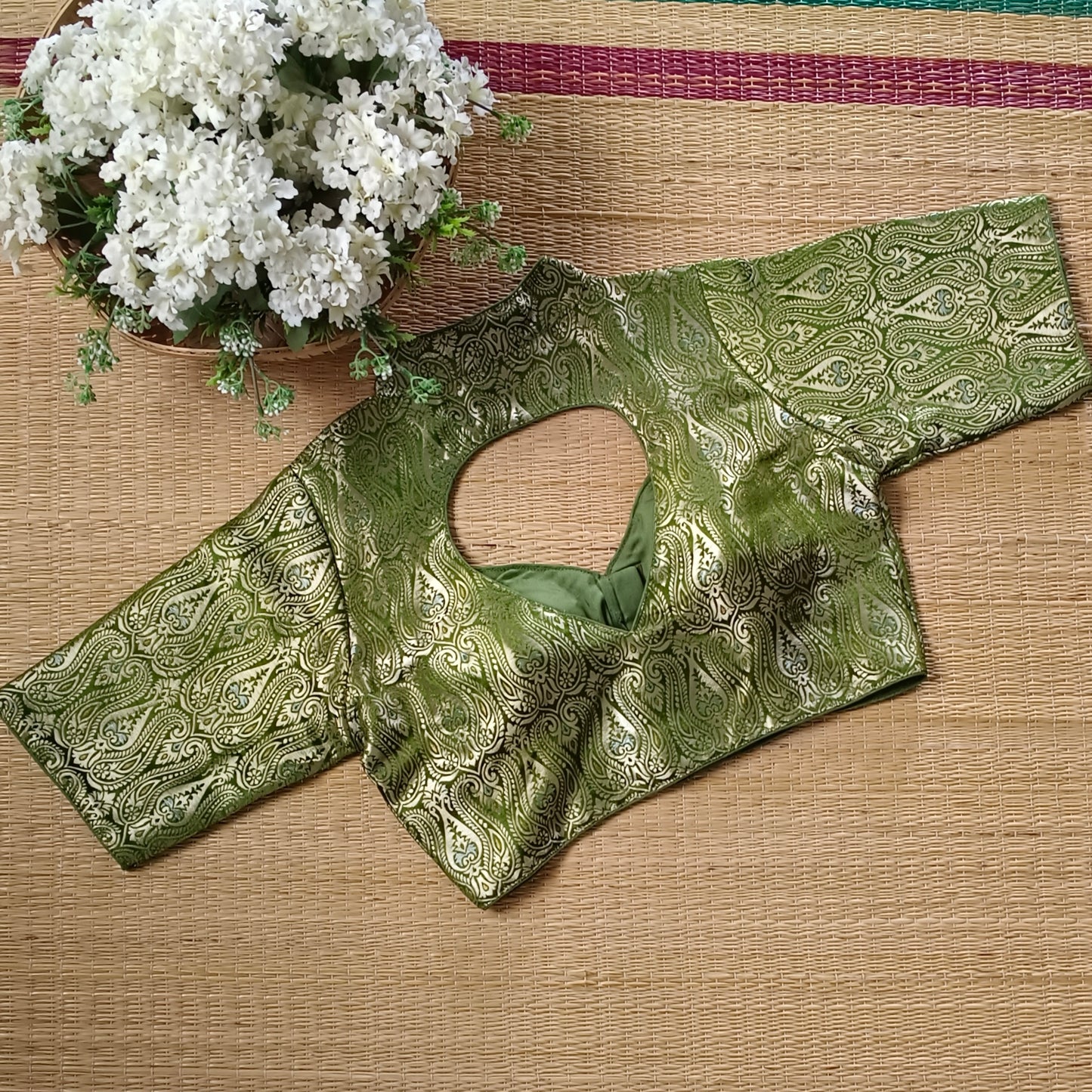 Olive Green High Neck Brocade Blouse