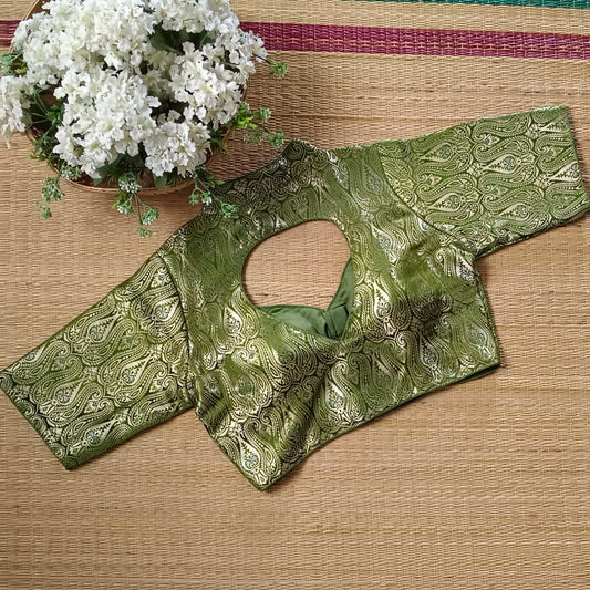 Olive Green High Neck Brocade Blouse