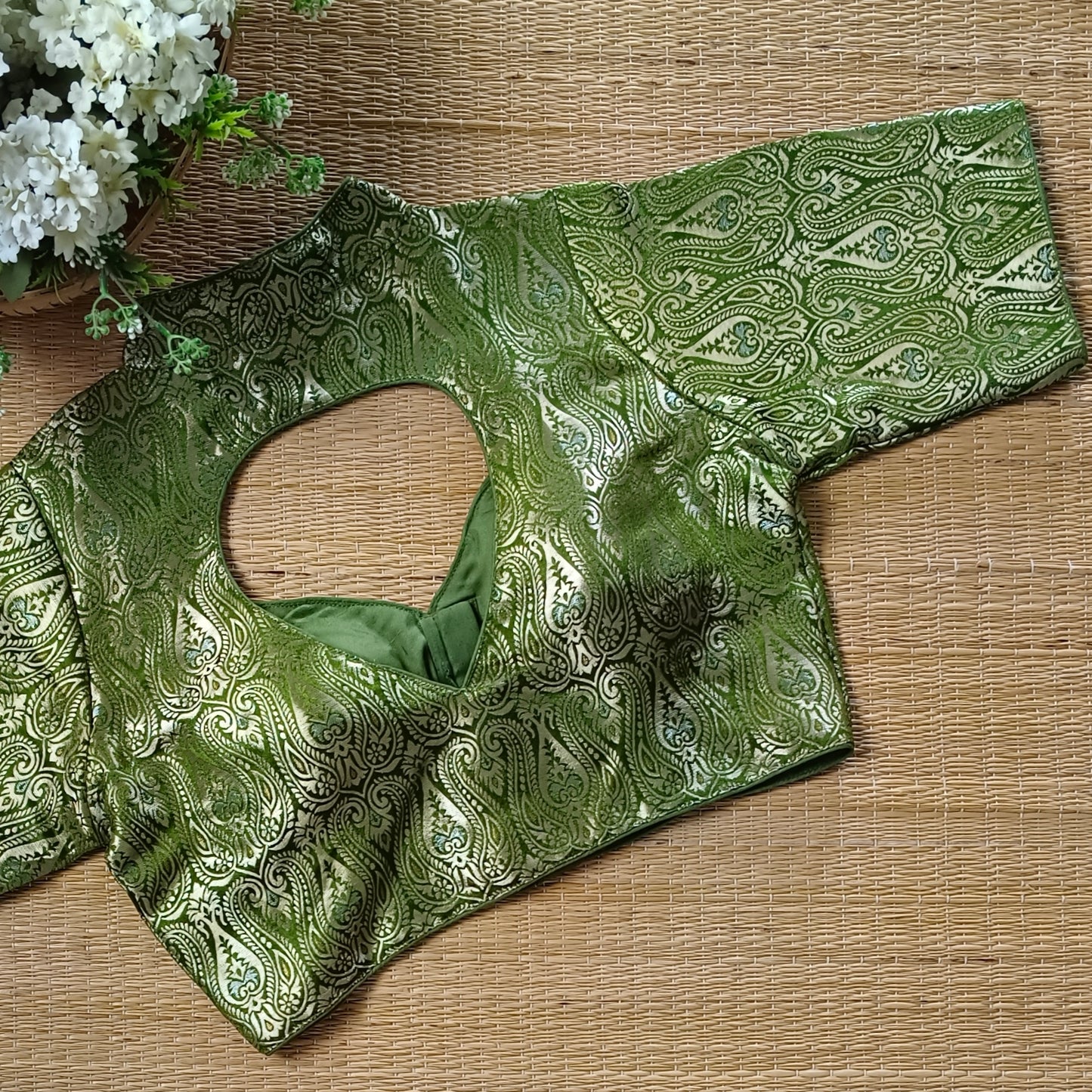 Olive Green High Neck Brocade Blouse