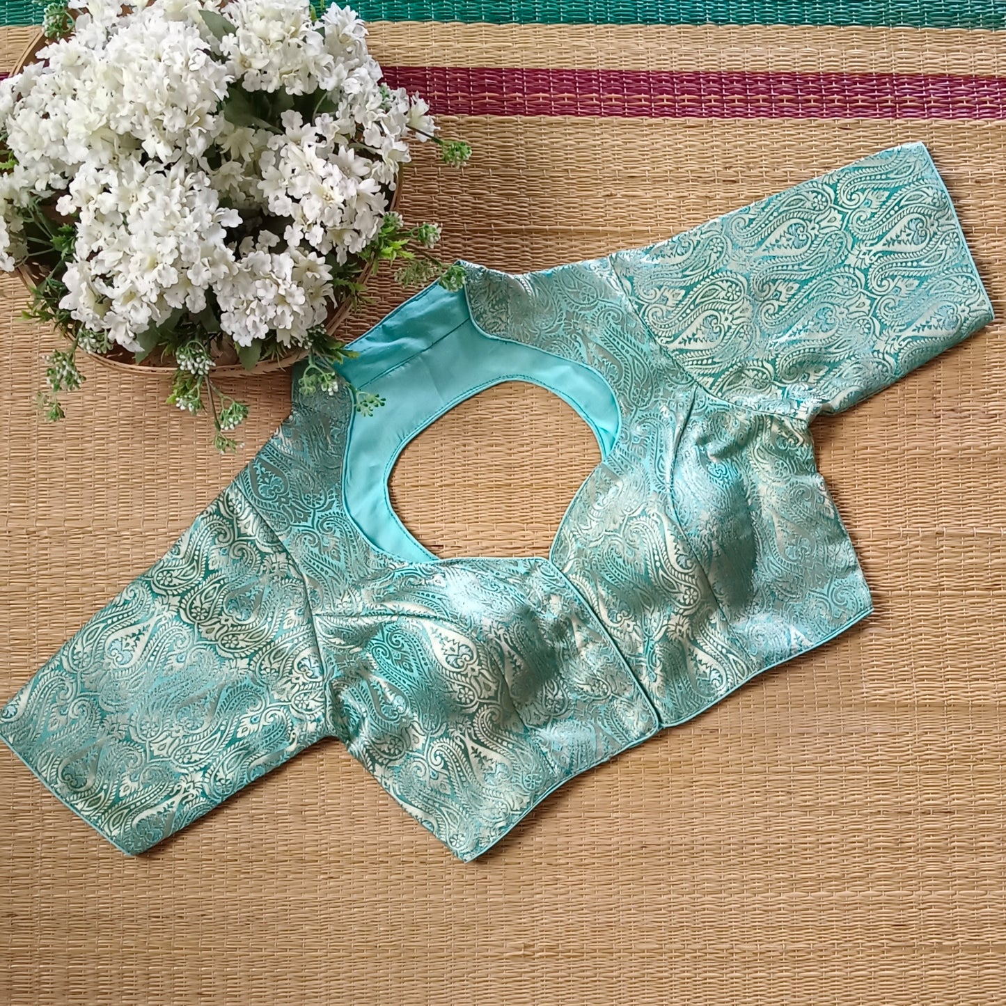 Pastel Blue High Neck Brocade Blouse