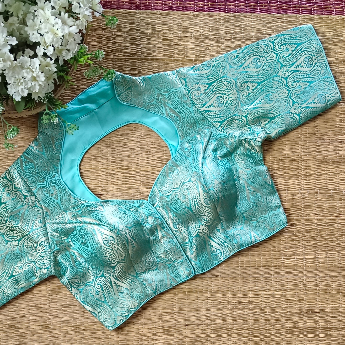 Pastel Blue High Neck Brocade Blouse