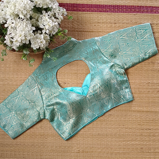 Pastel Blue High Neck Brocade Blouse