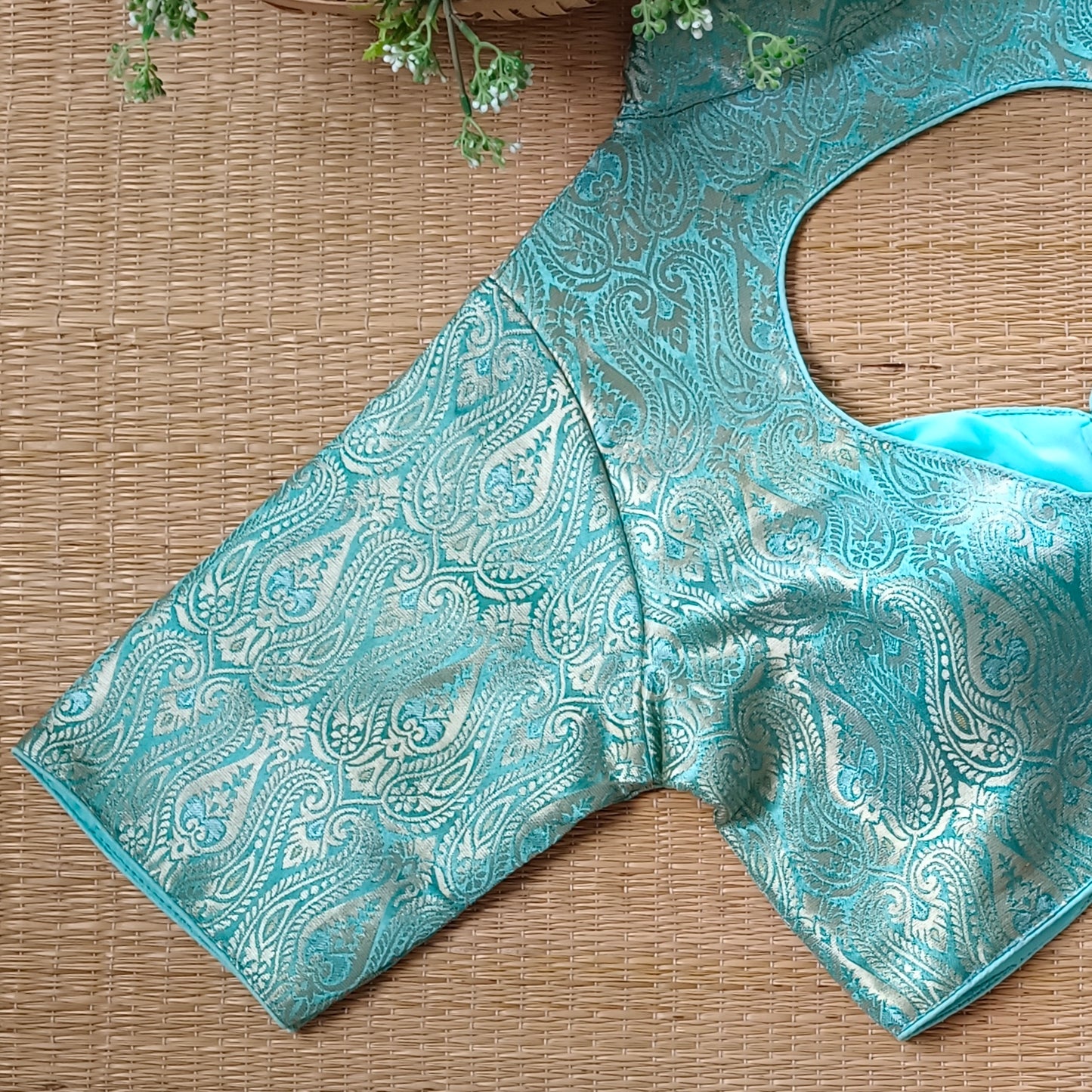 Pastel Blue High Neck Brocade Blouse