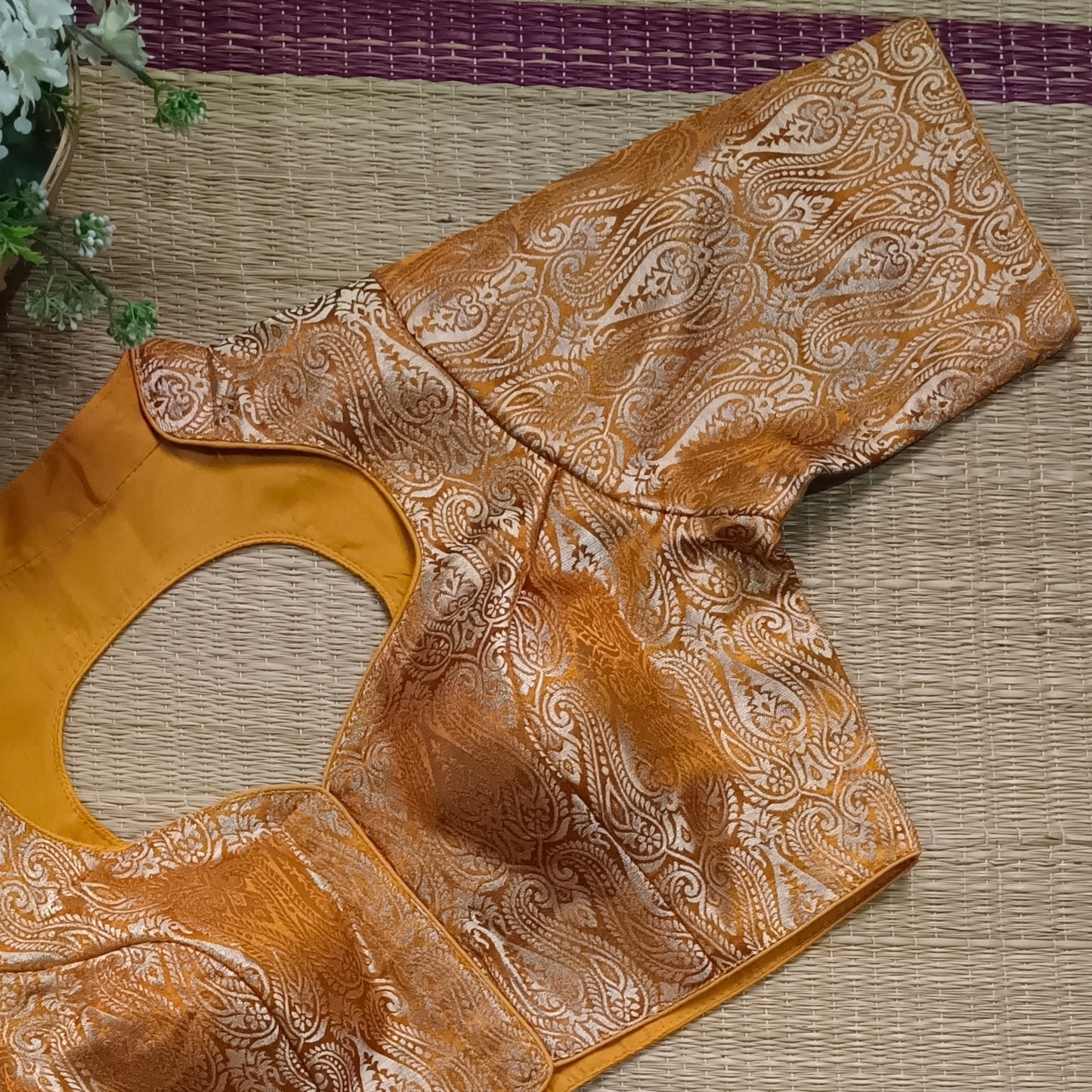 Mustard Yellow High Neck Brocade Blouse