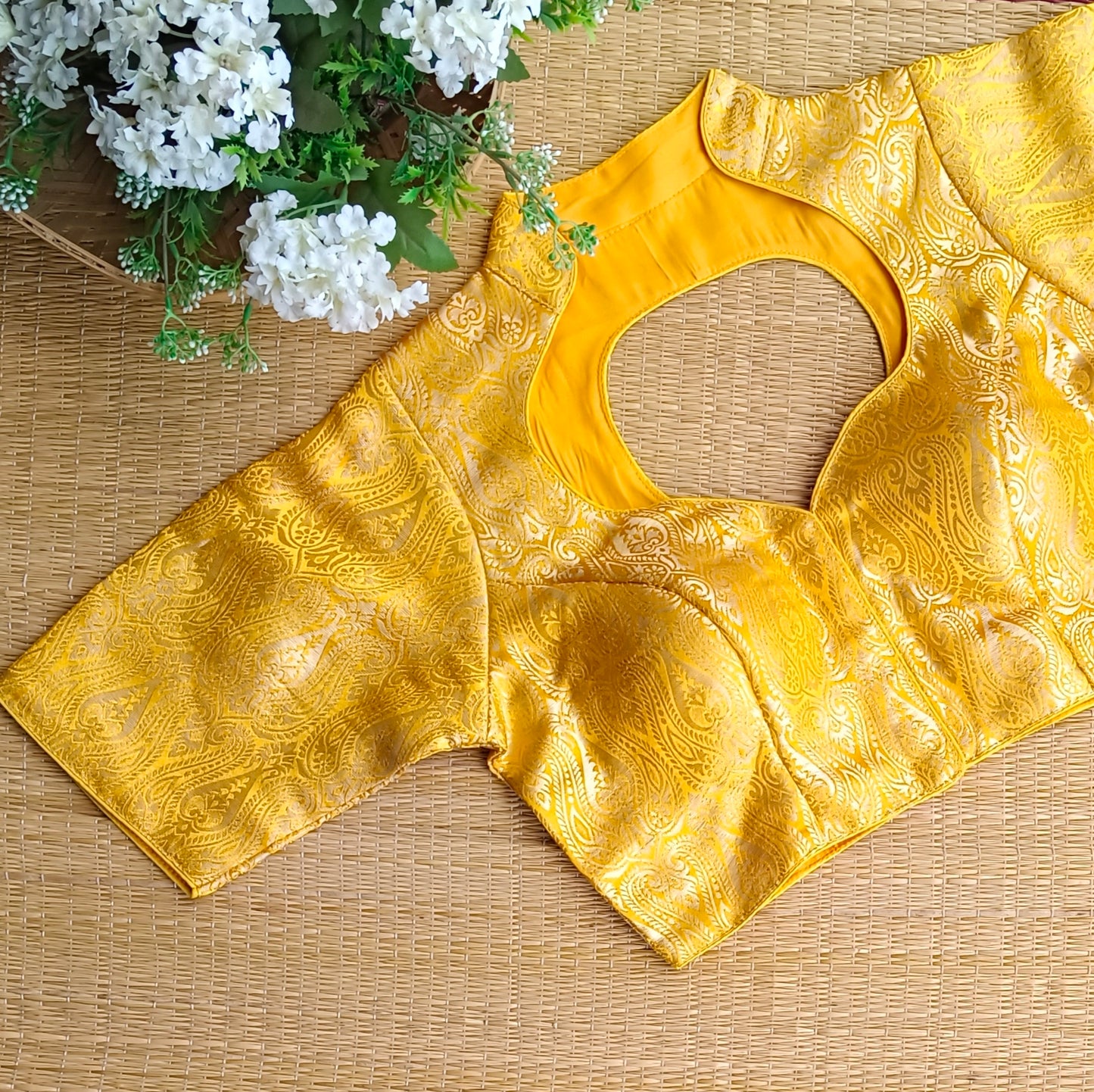 Yellow High Neck Brocade Blouse