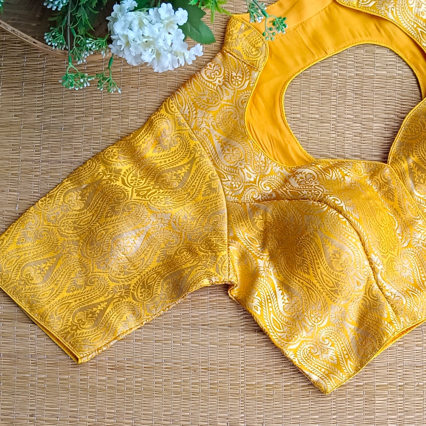 Yellow High Neck Brocade Blouse