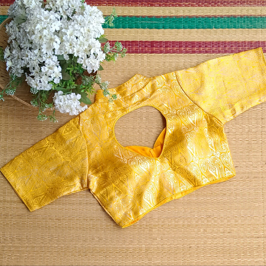 Yellow High Neck Brocade Blouse