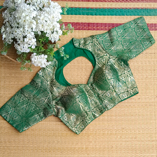 Green High Neck Brocade Blouse