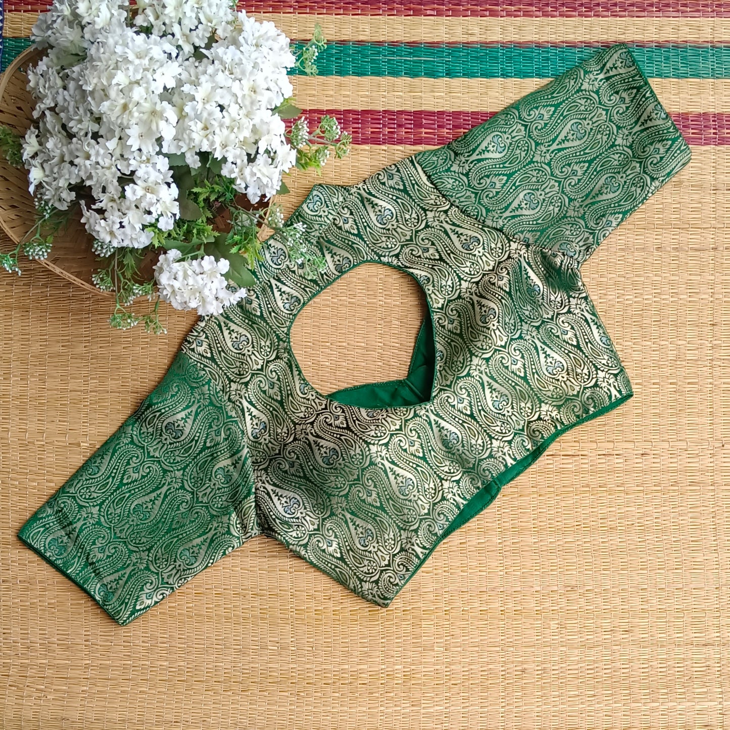 Green High Neck Brocade Blouse