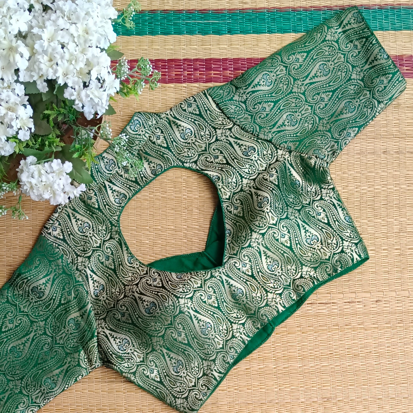 Green High Neck Brocade Blouse