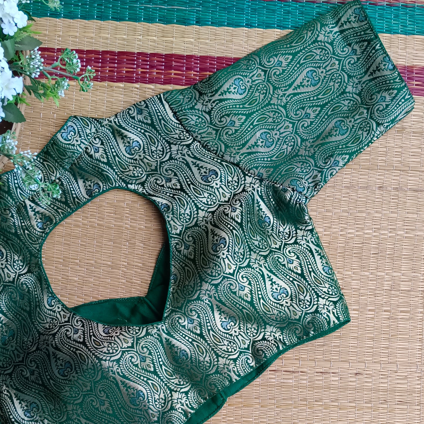 Green High Neck Brocade Blouse