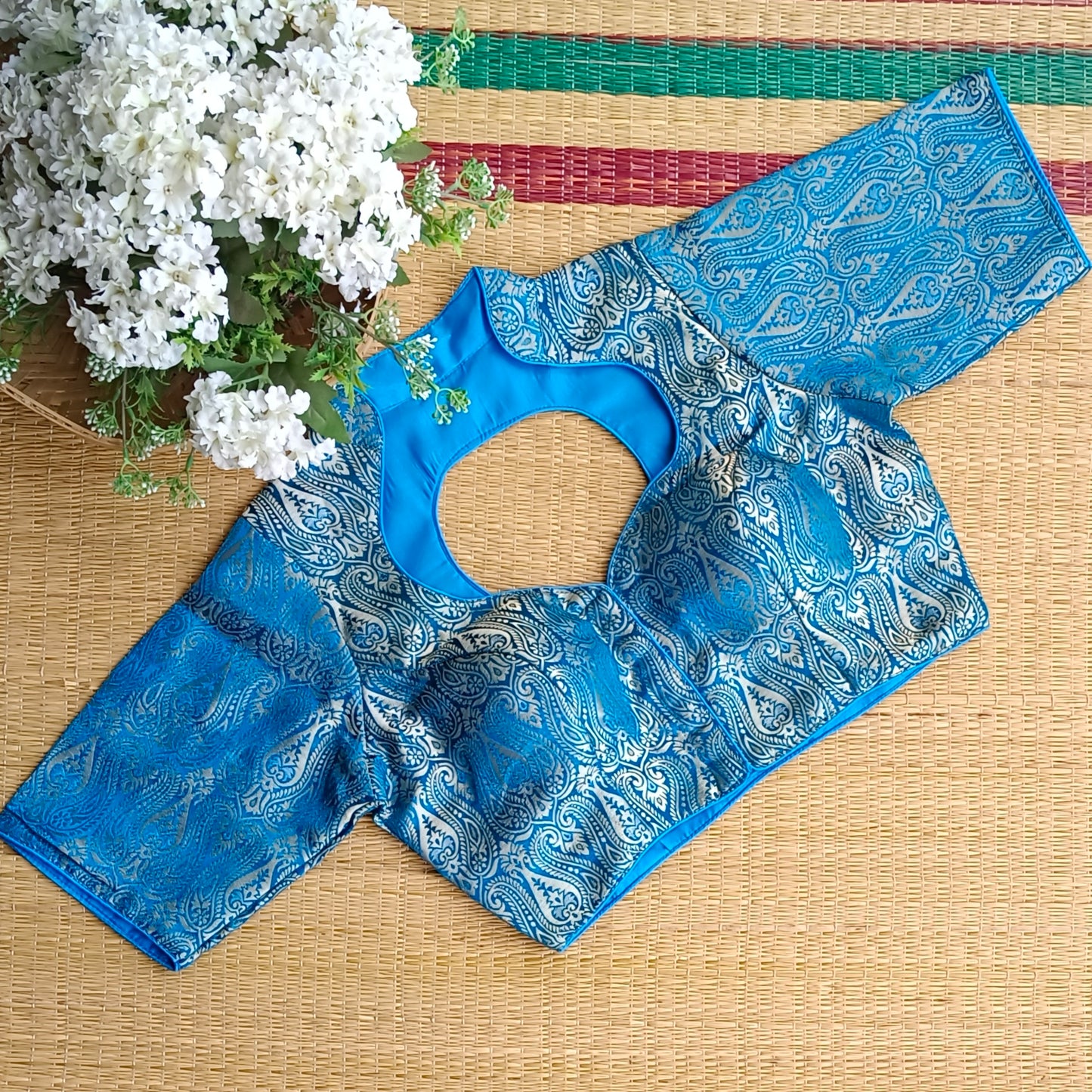 Blue High Neck Brocade Blouse