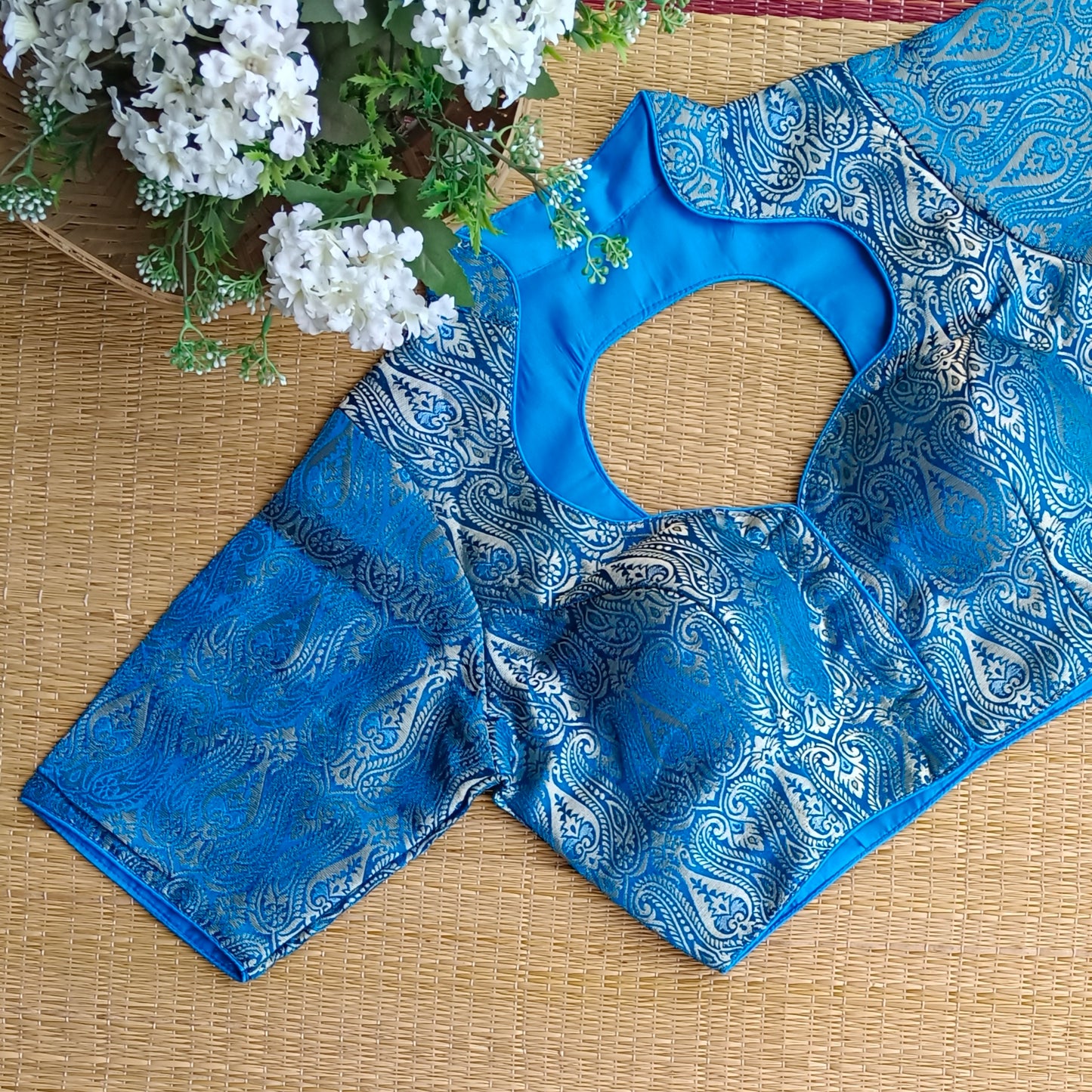 Blue High Neck Brocade Blouse