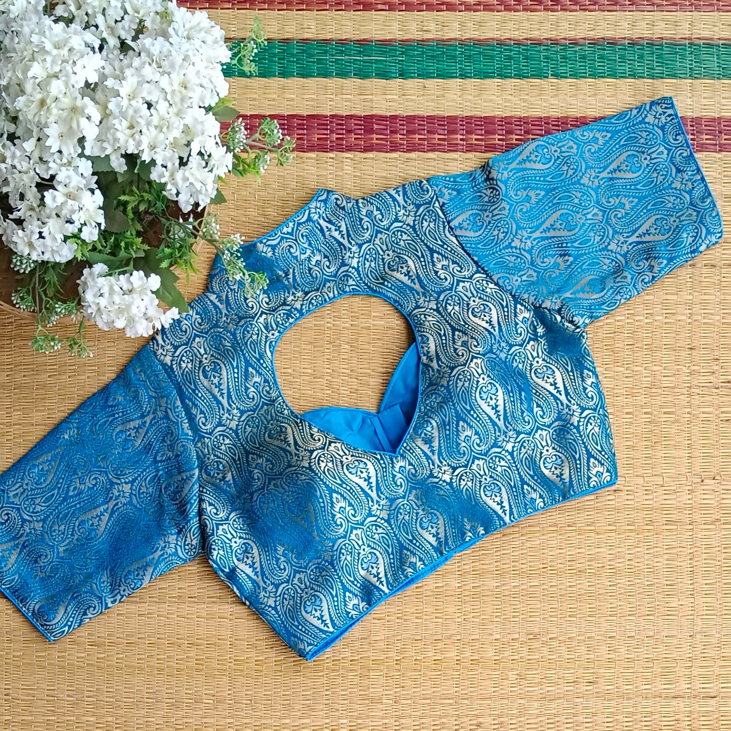 Blue High Neck Brocade Blouse