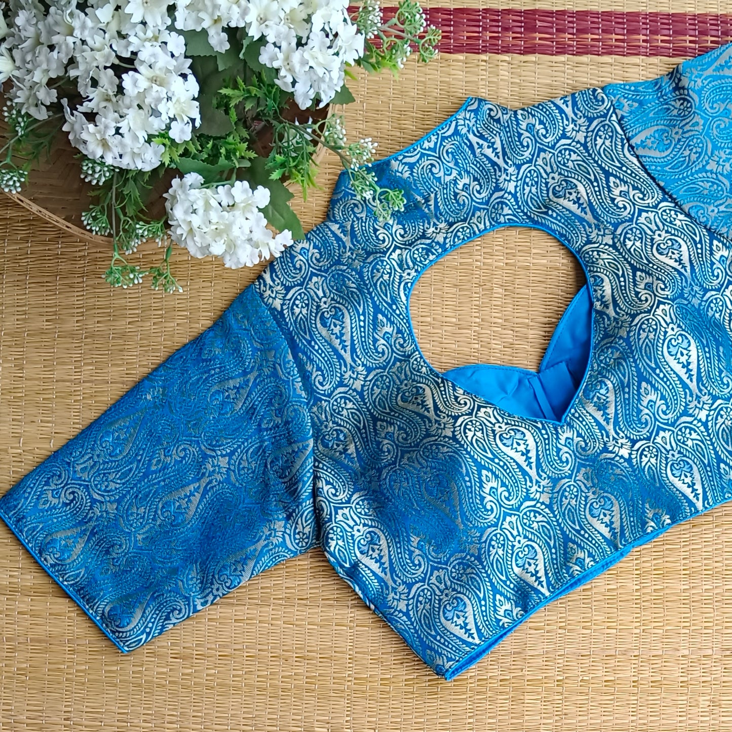 Blue High Neck Brocade Blouse