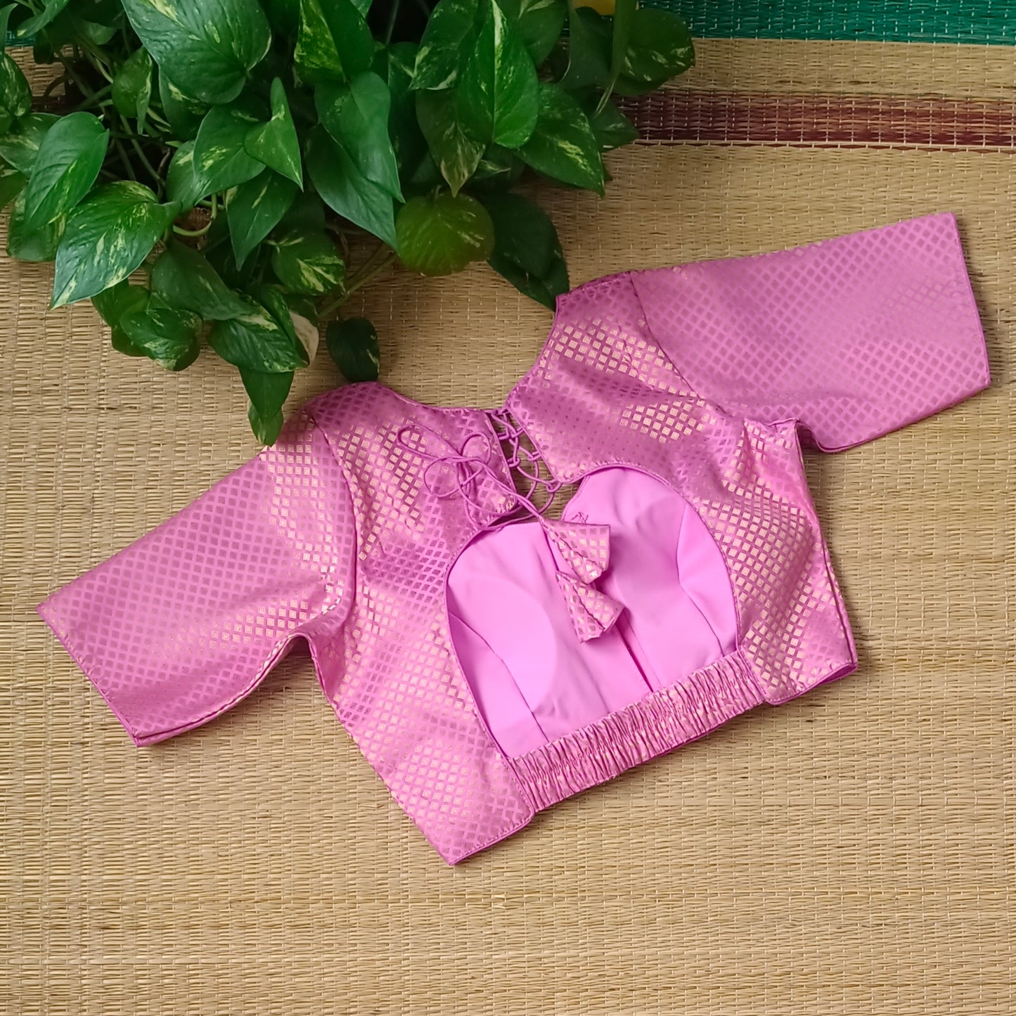 Pink Back Elastic Brocade Blouse