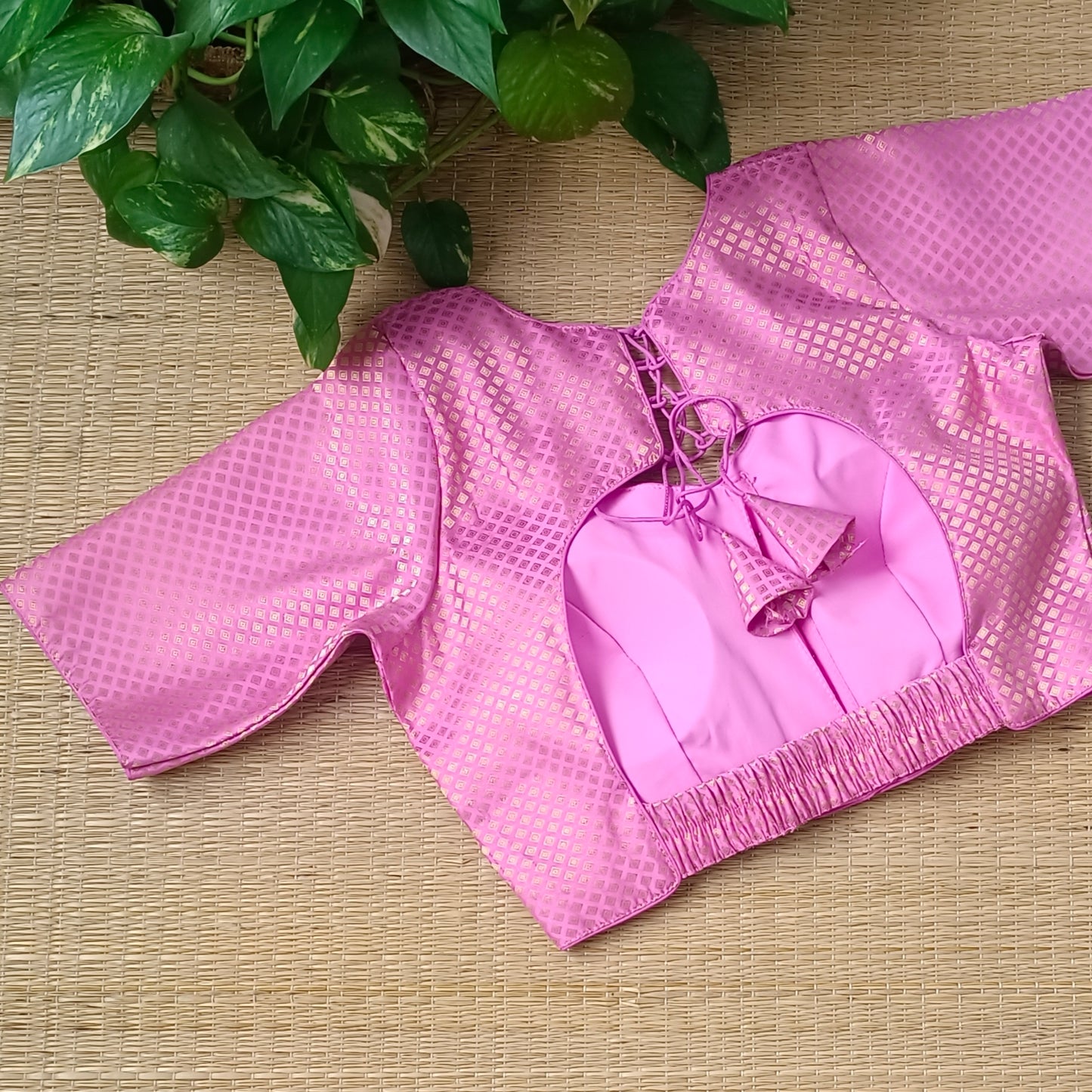 Pink Back Elastic Brocade Blouse