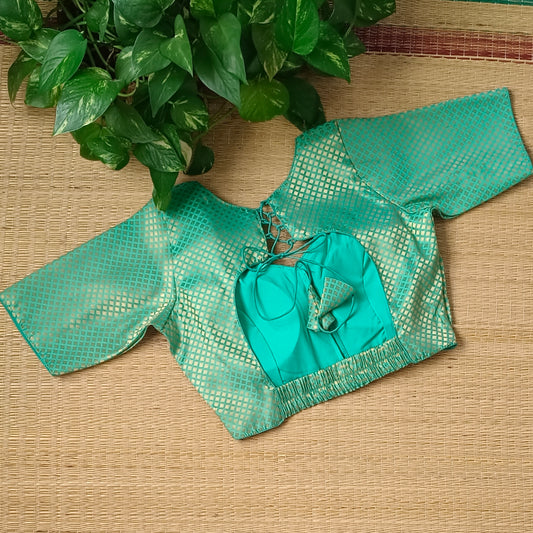 Aqua Green Back Elastic Brocade Blouse