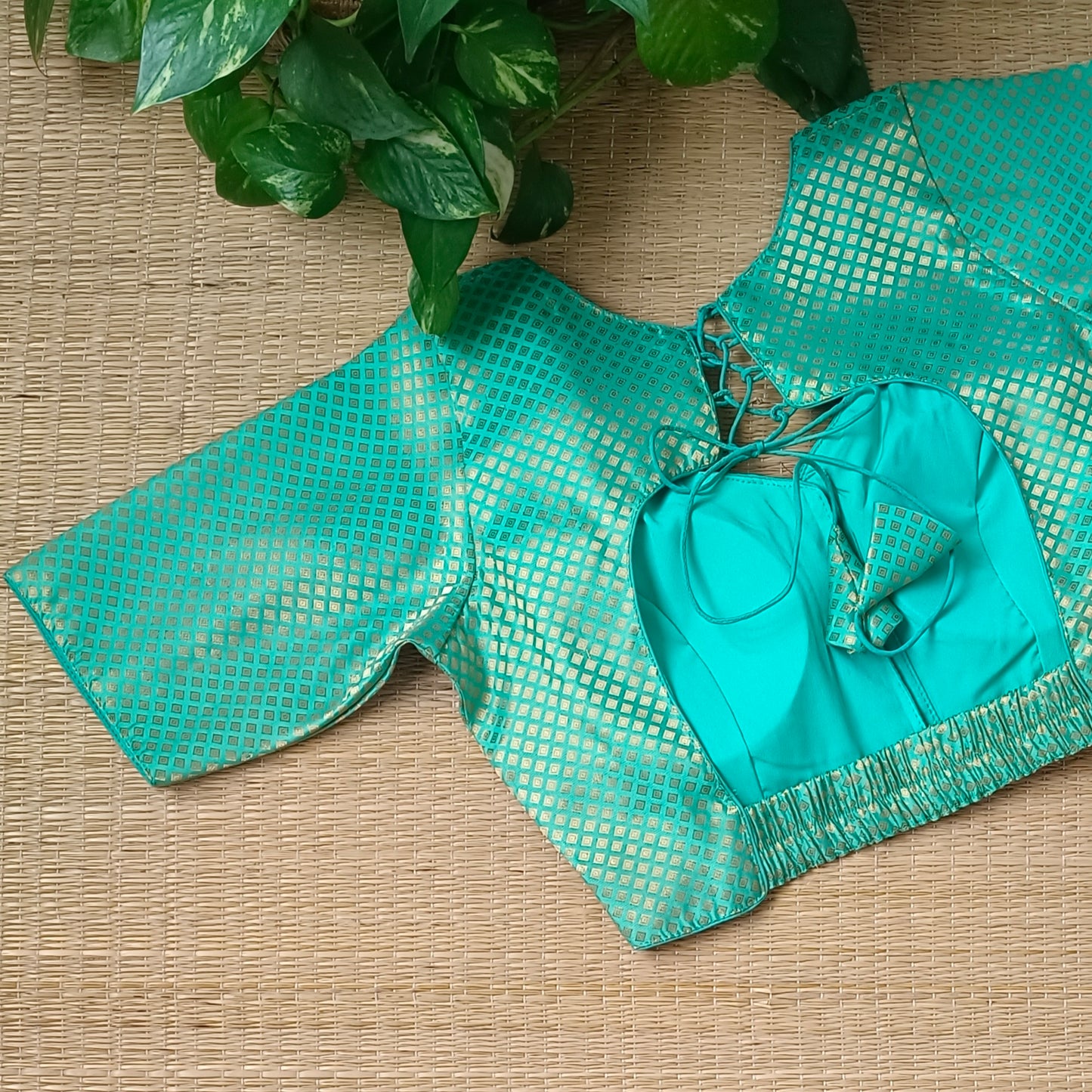Aqua Green Back Elastic Brocade Blouse