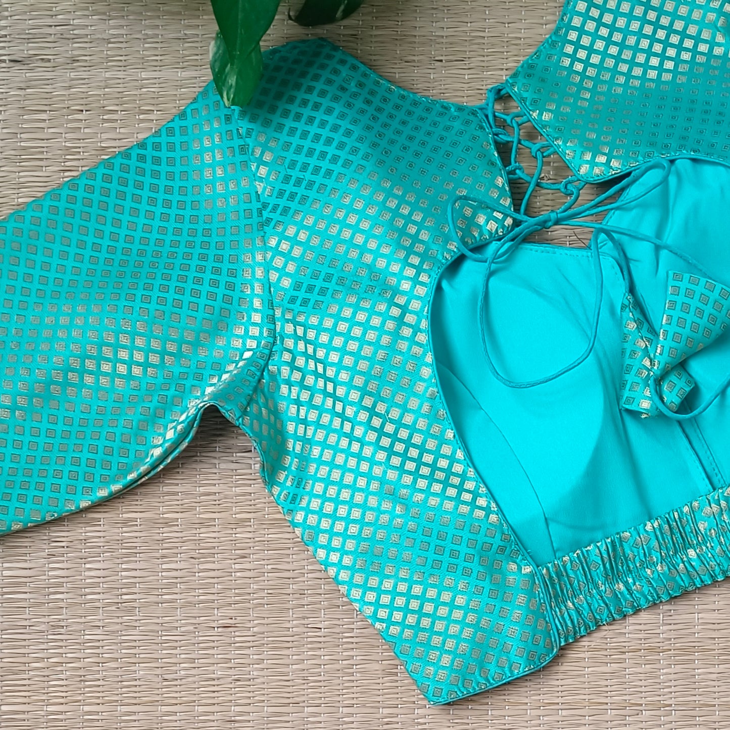 Aqua Green Back Elastic Brocade Blouse