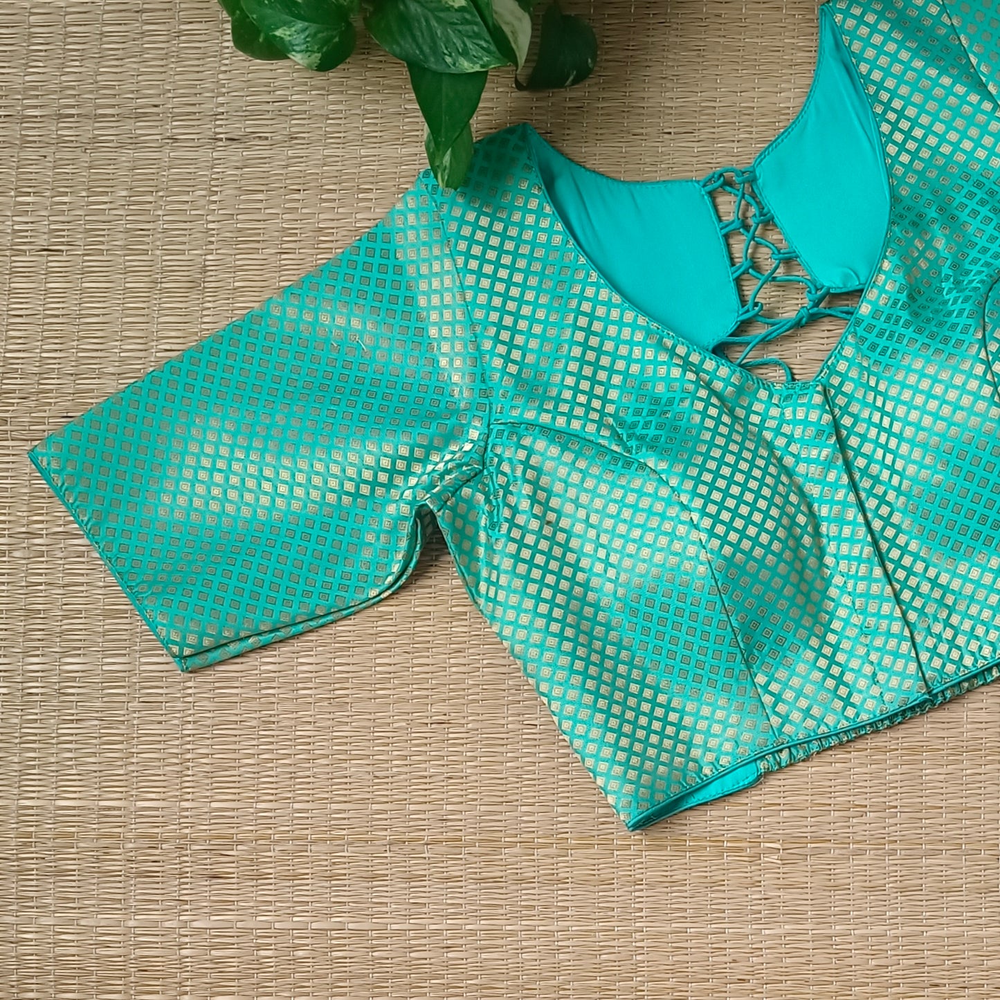 Aqua Green Back Elastic Brocade Blouse