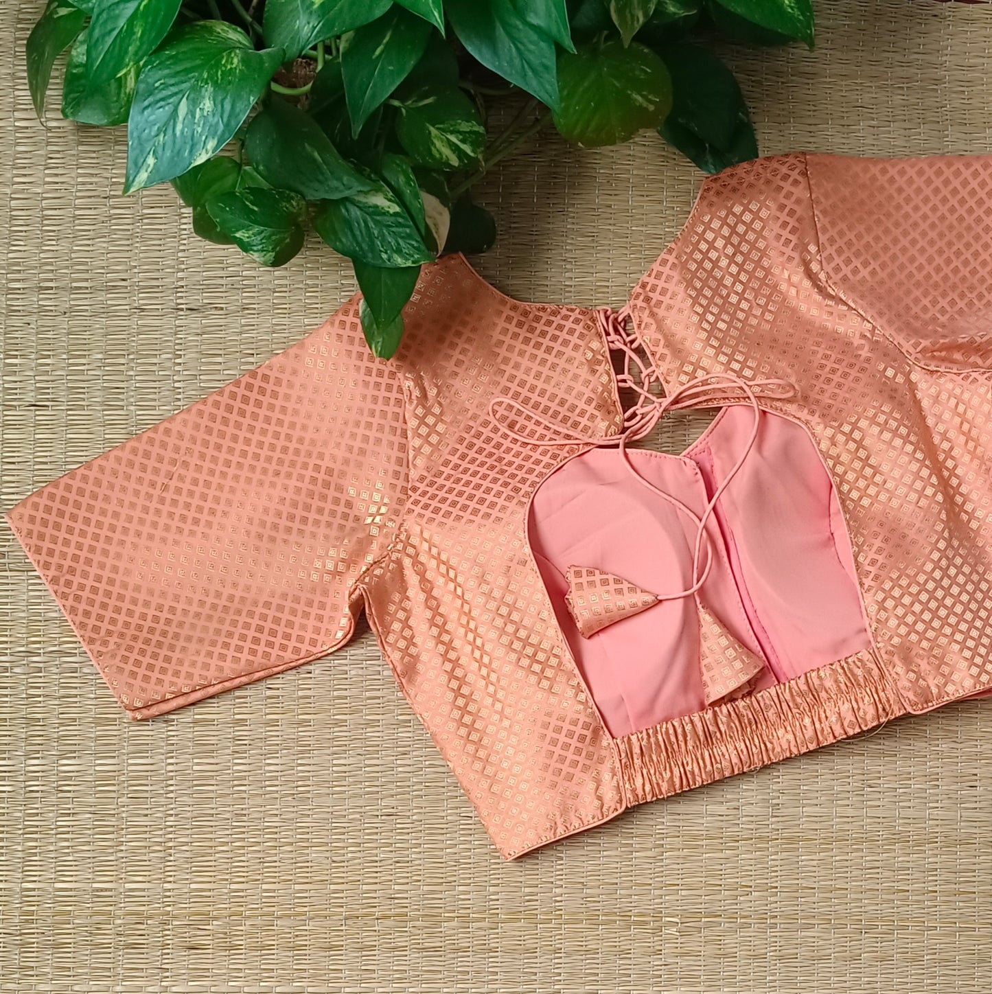 Pastel Orange Back Elastic Brocade Blouse