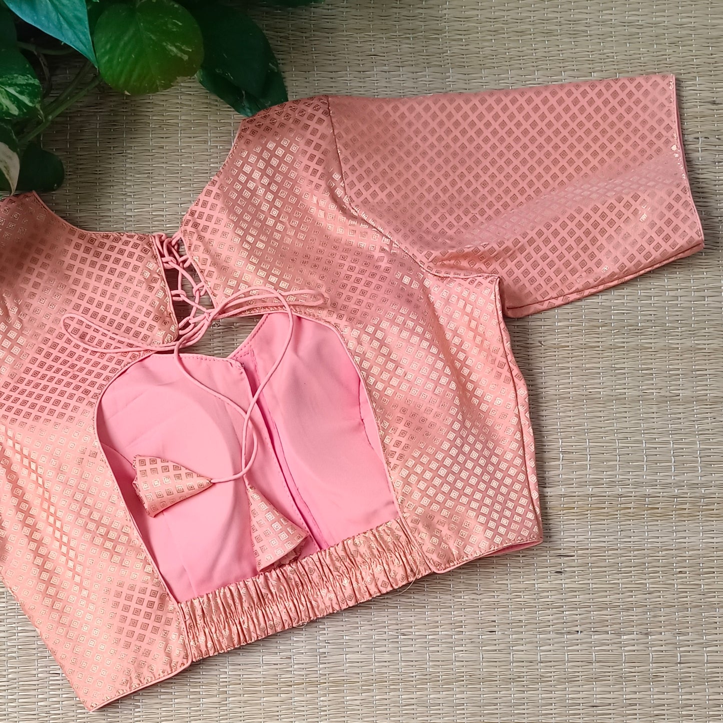 Pastel Orange Back Elastic Brocade Blouse