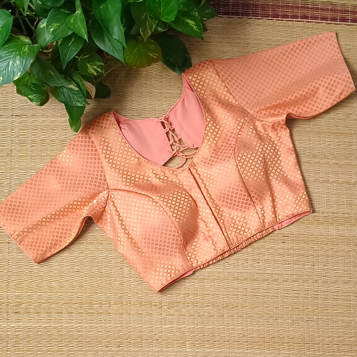 Pastel Orange Back Elastic Brocade Blouse