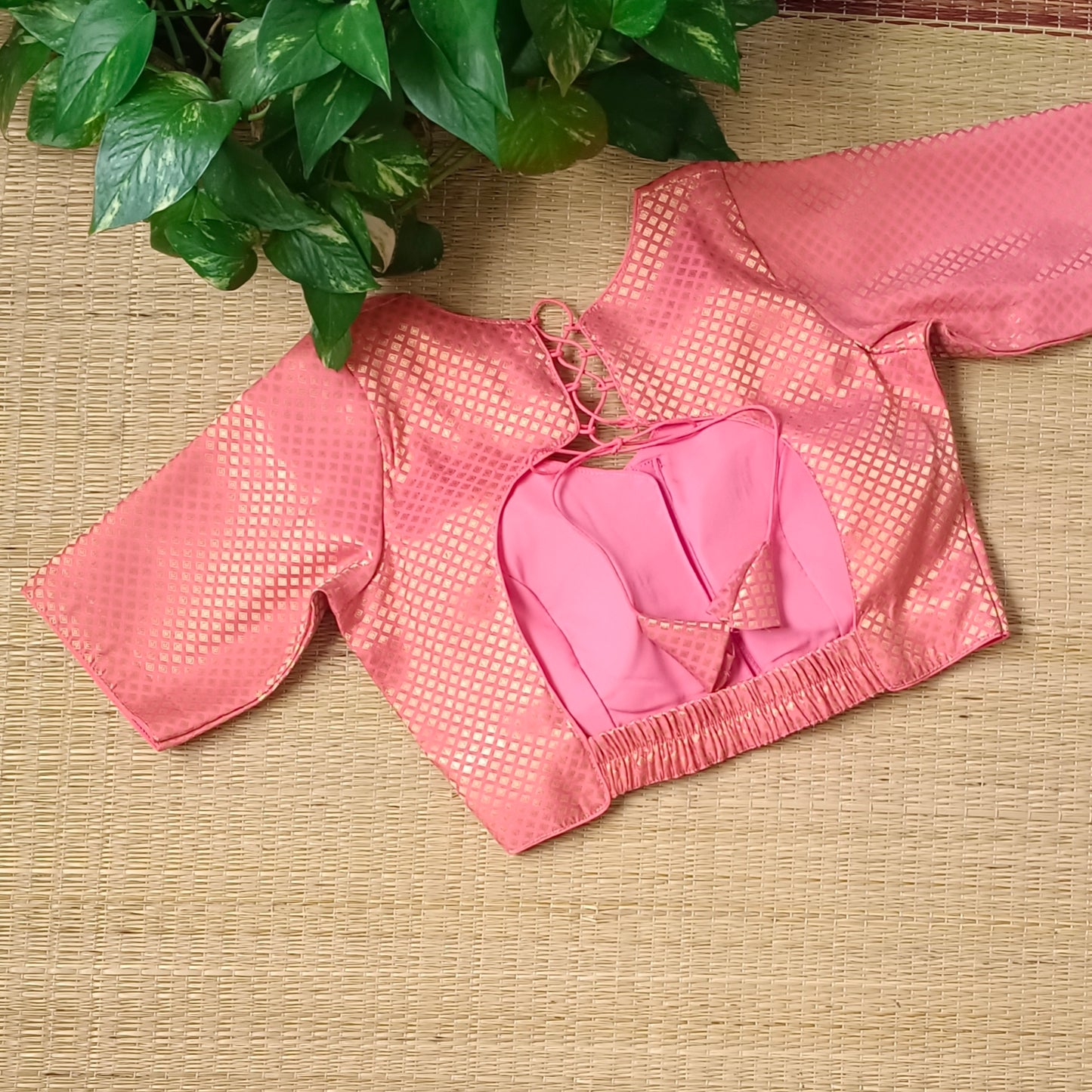 Peach Back Elastic Brocade Blouse