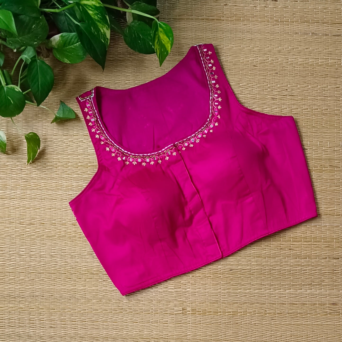 Dark pink mirror & katha work blouse
